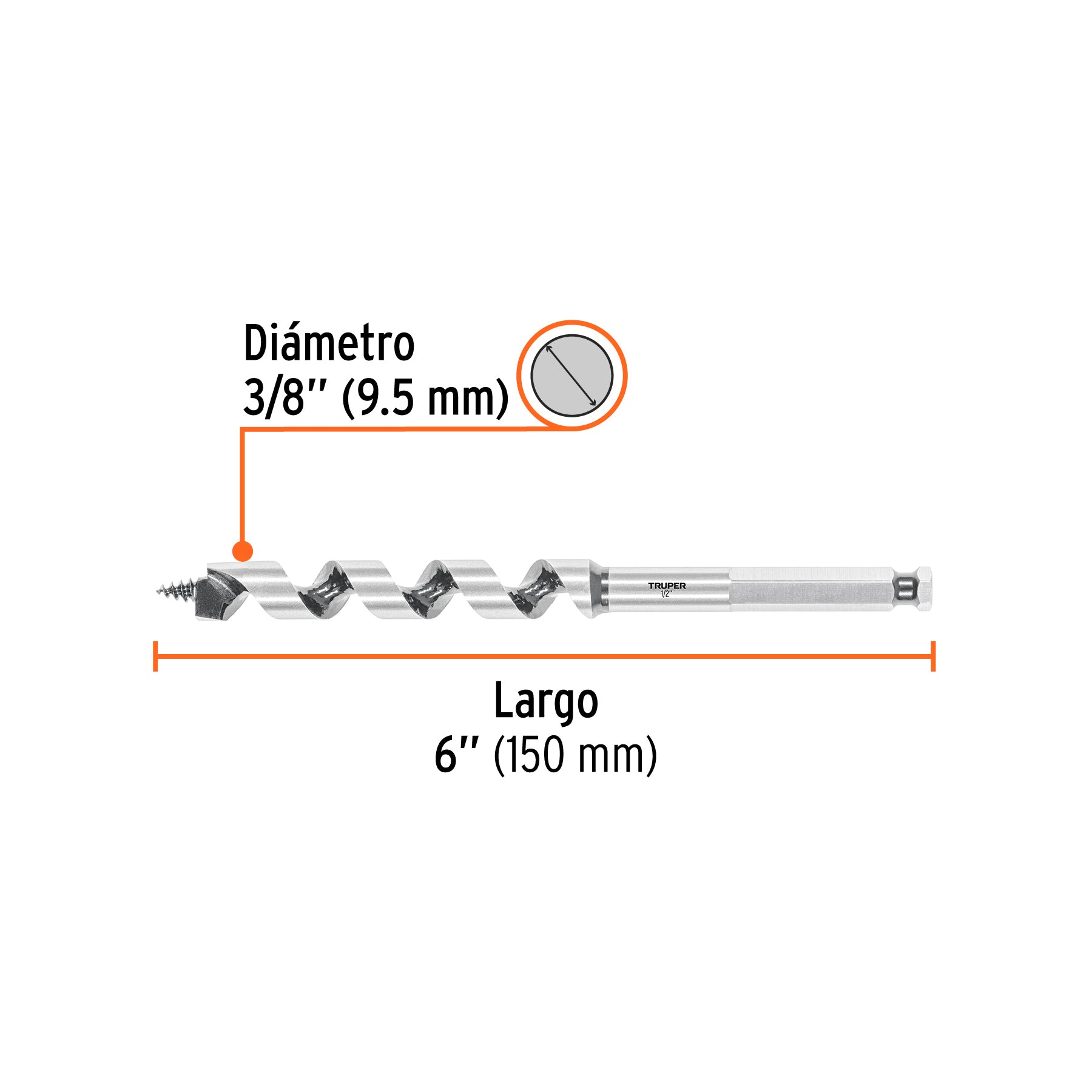 Broca auger tipo berbiquí 1/2" X 6", TRUPER