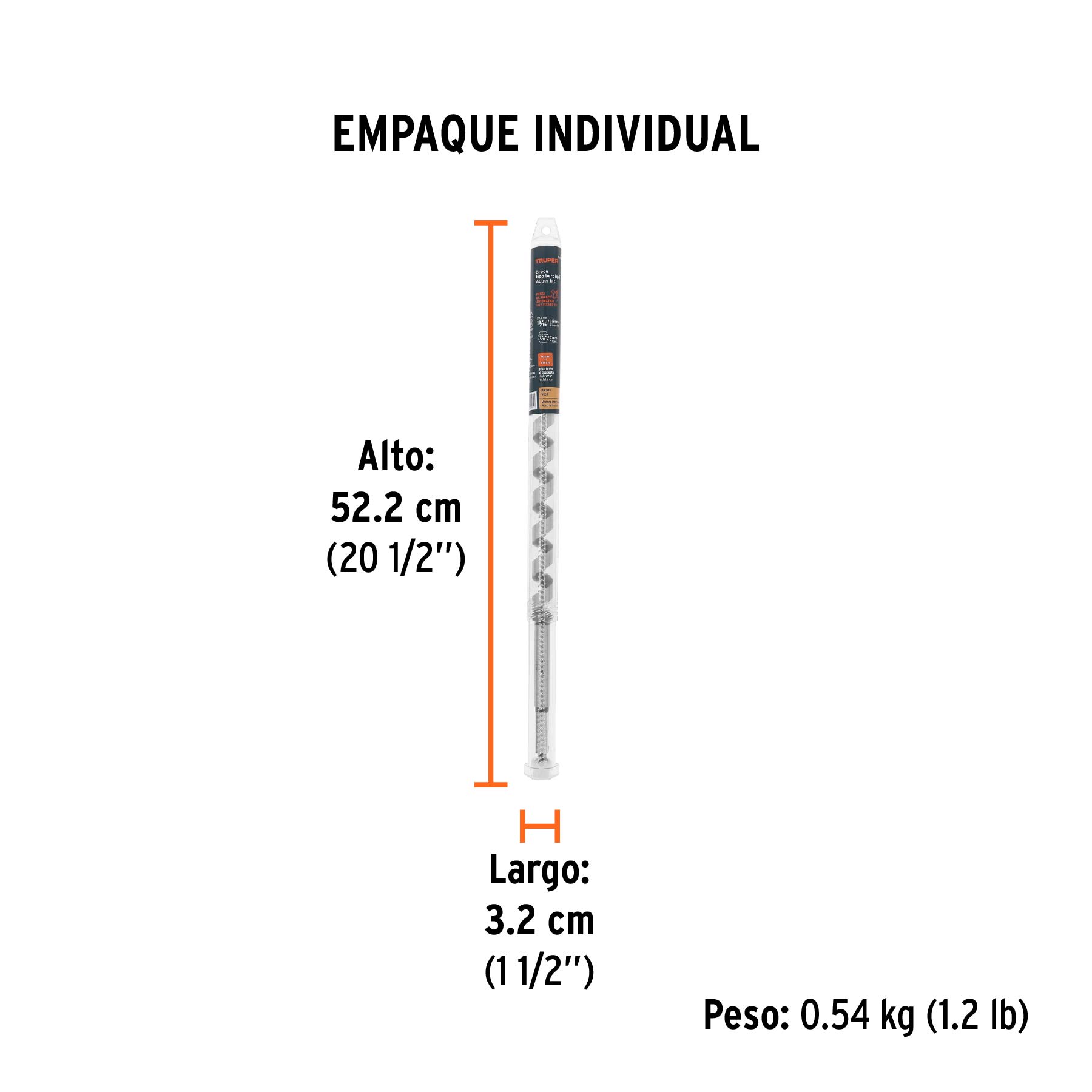 Broca auger tipo berbiquí 13/16" X 18", TRUPER - Empaque