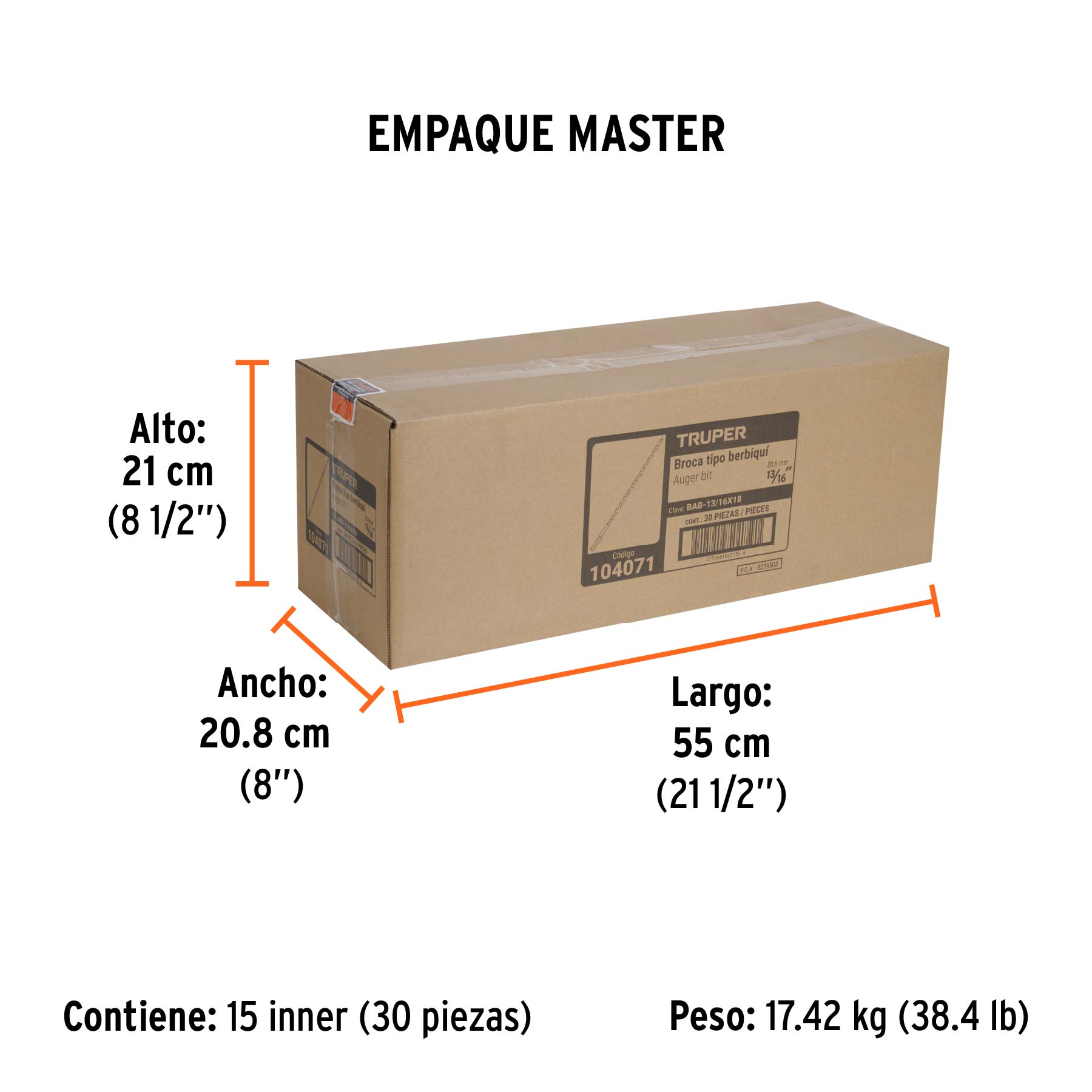 Broca auger tipo berbiquí 13/16" X 18", TRUPER - Empaque