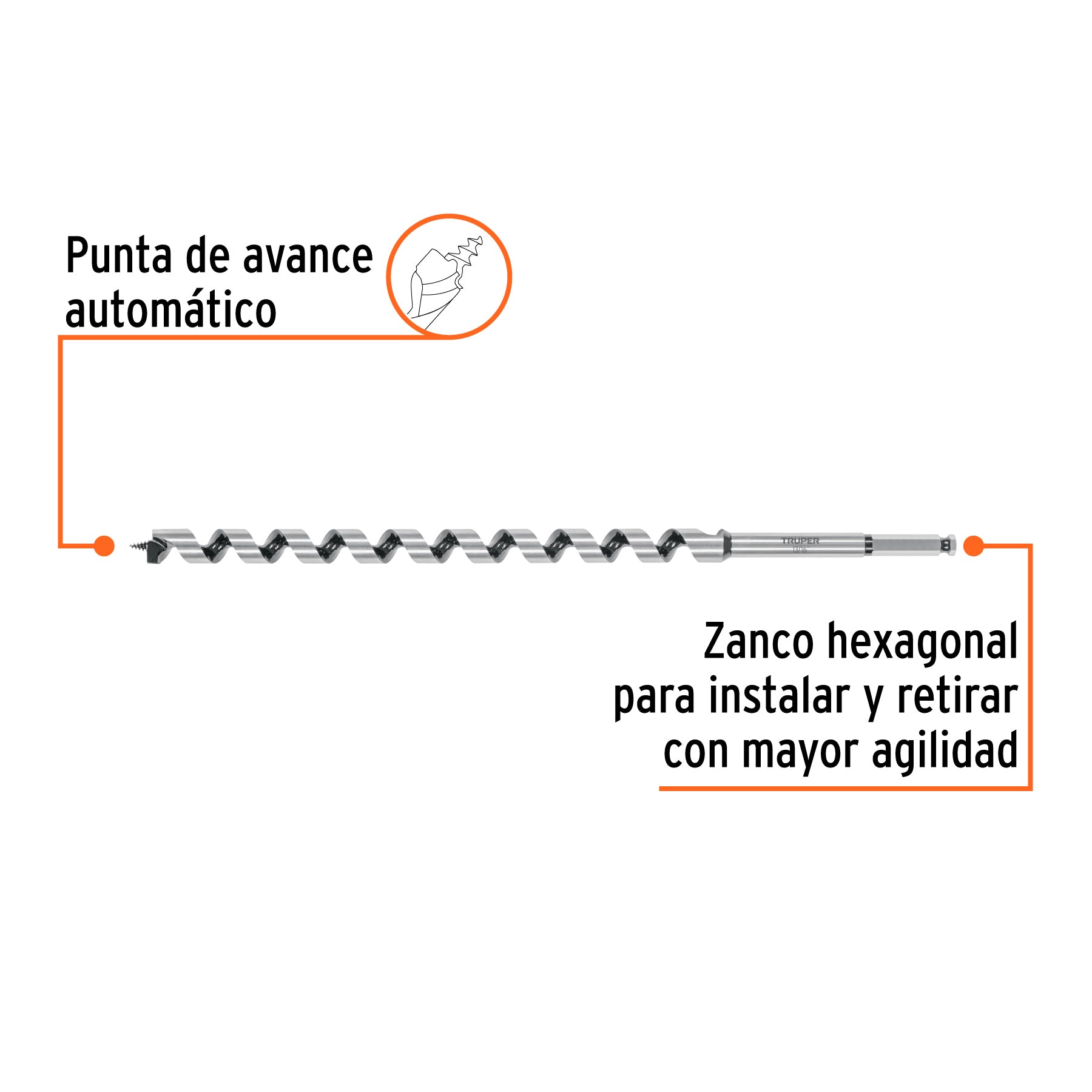 Broca auger tipo berbiquí 13/16" X 18", TRUPER