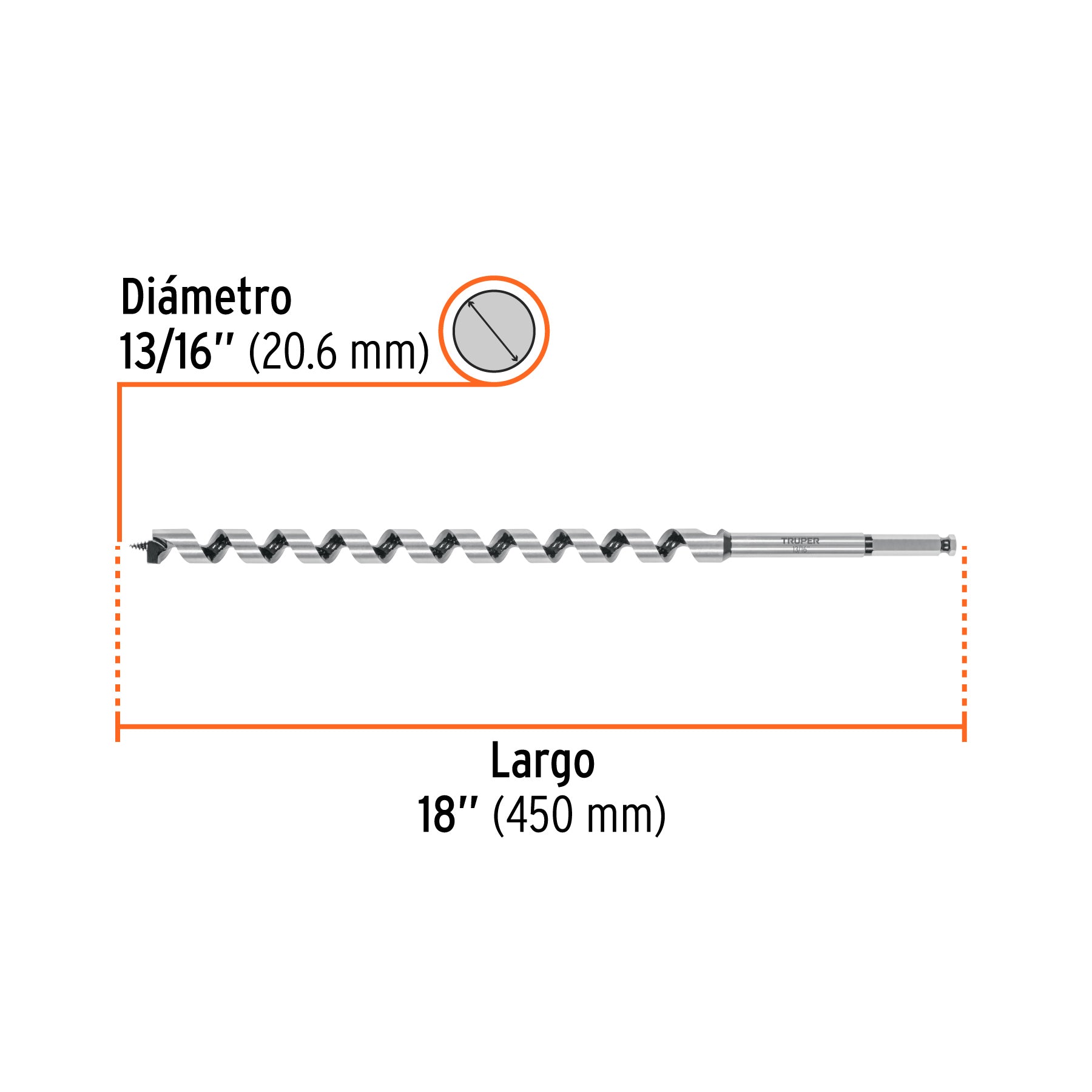 Broca auger tipo berbiquí 13/16" X 18", TRUPER