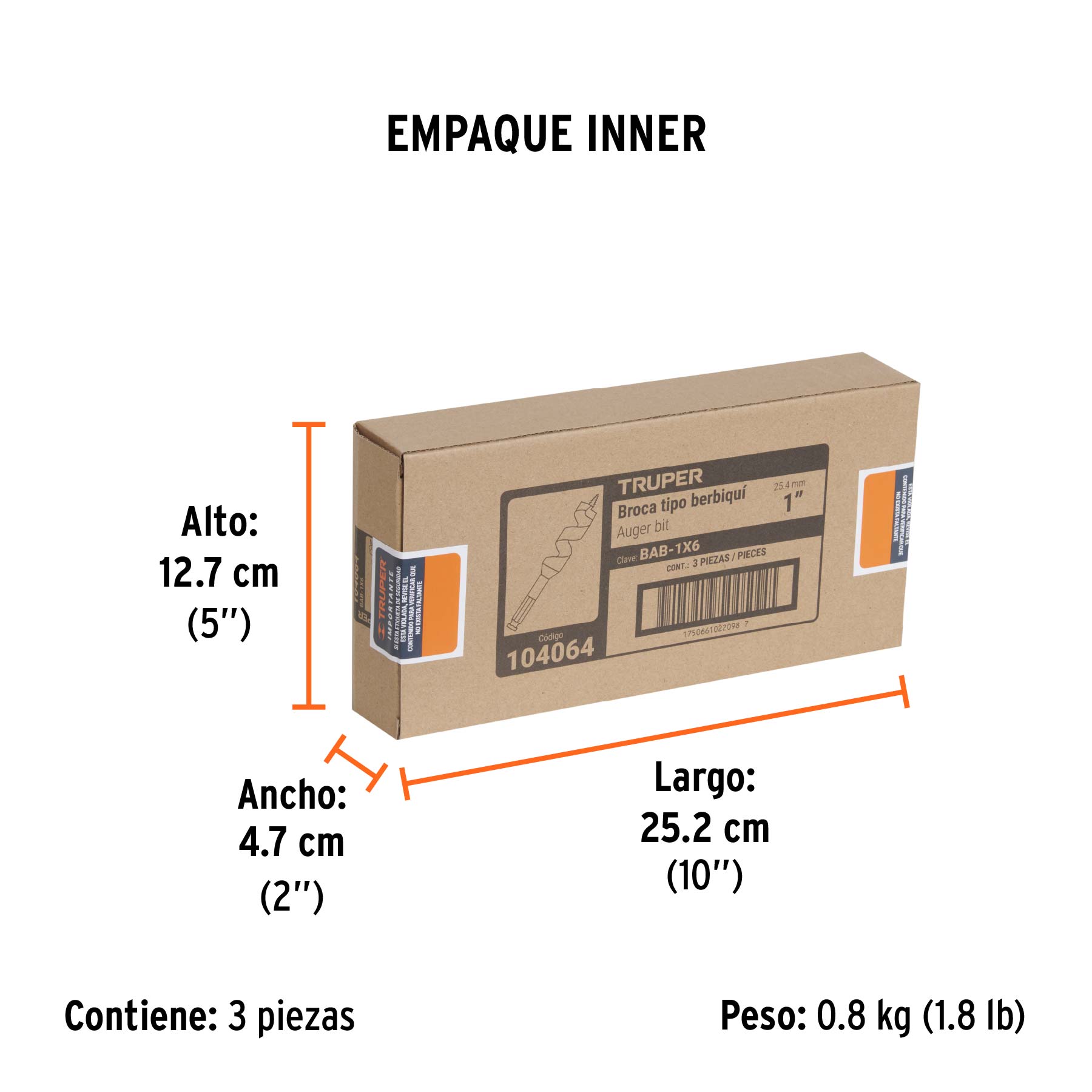 Broca auger tipo berbiquí 1" X 6", TRUPER - Empaque