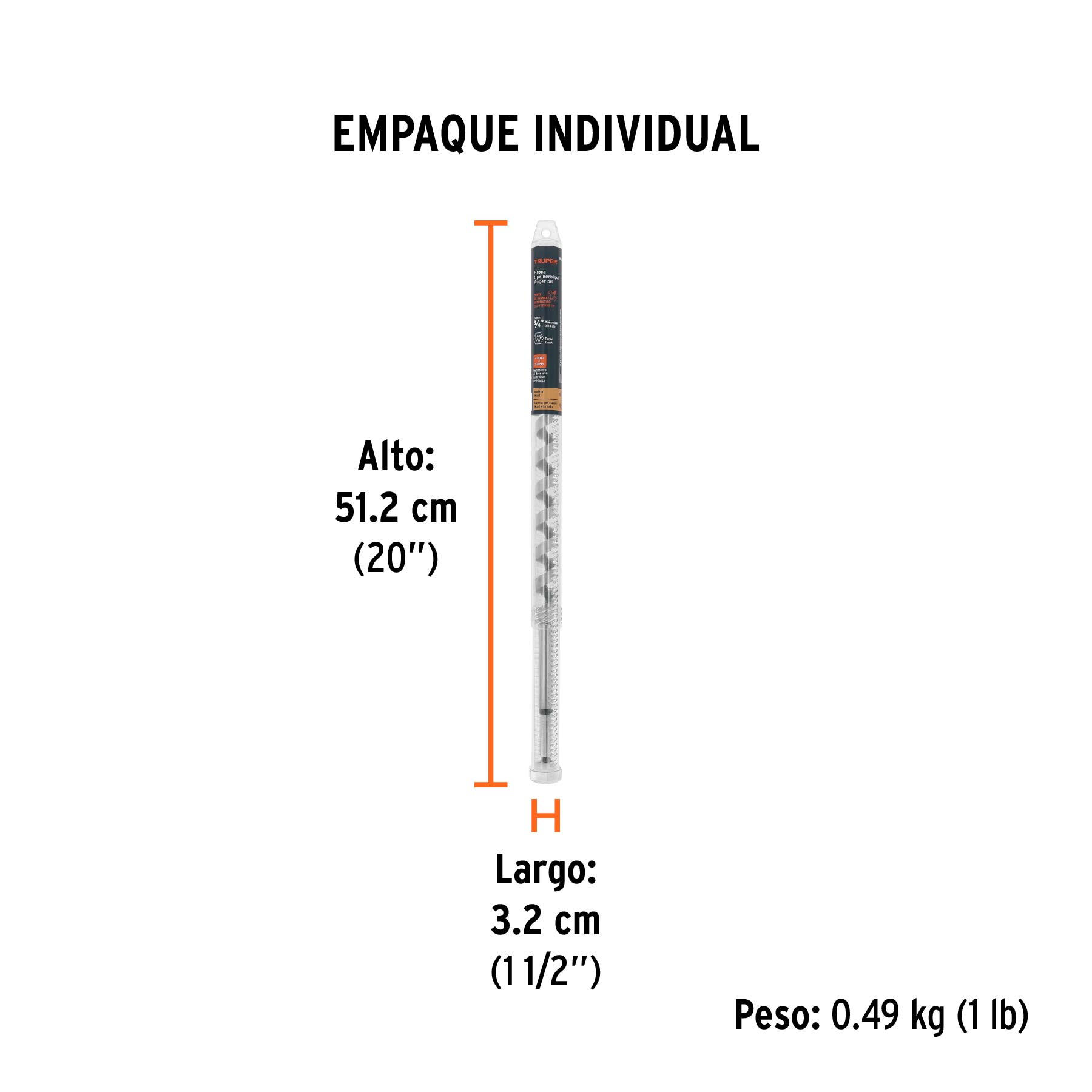 Broca auger tipo berbiquí 3/4" X 18", TRUPER - Empaque