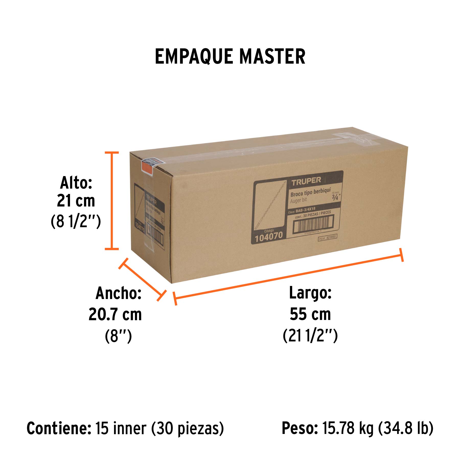 Broca auger tipo berbiquí 3/4" X 18", TRUPER - Empaque