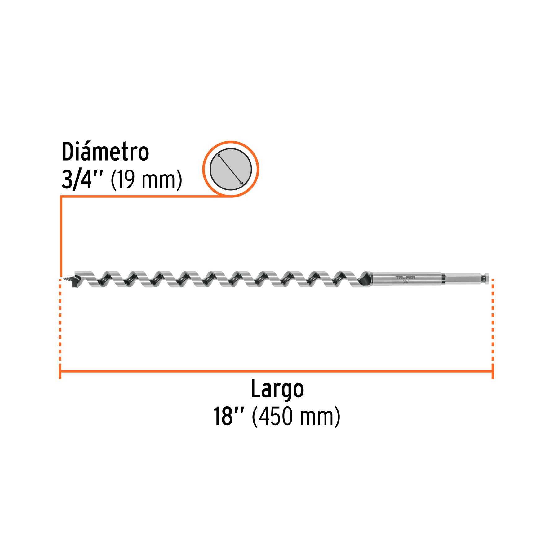 Broca auger tipo berbiquí 3/4" X 18", TRUPER