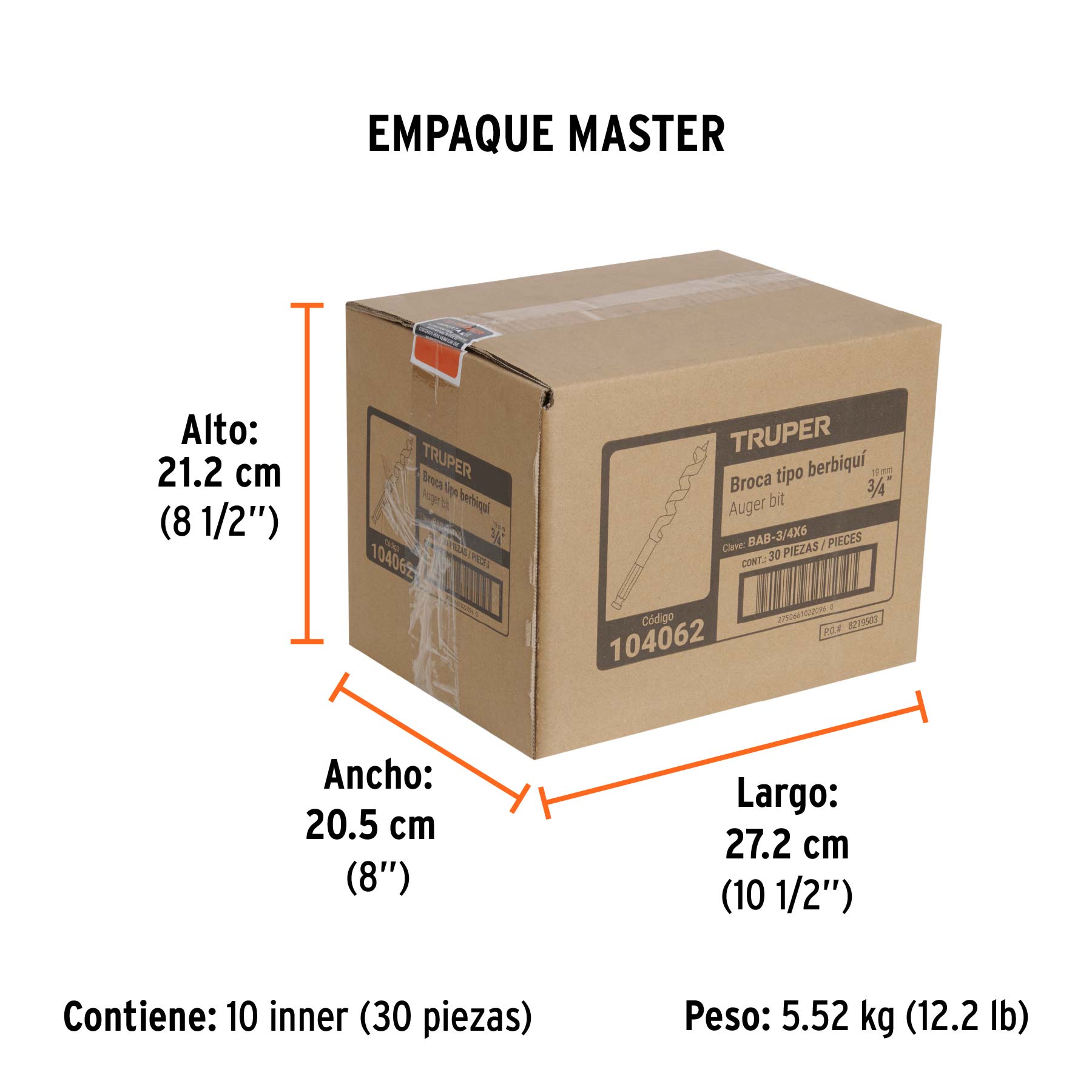 Broca auger tipo berbiquí 3/4" X 6", TRUPER - Empaque