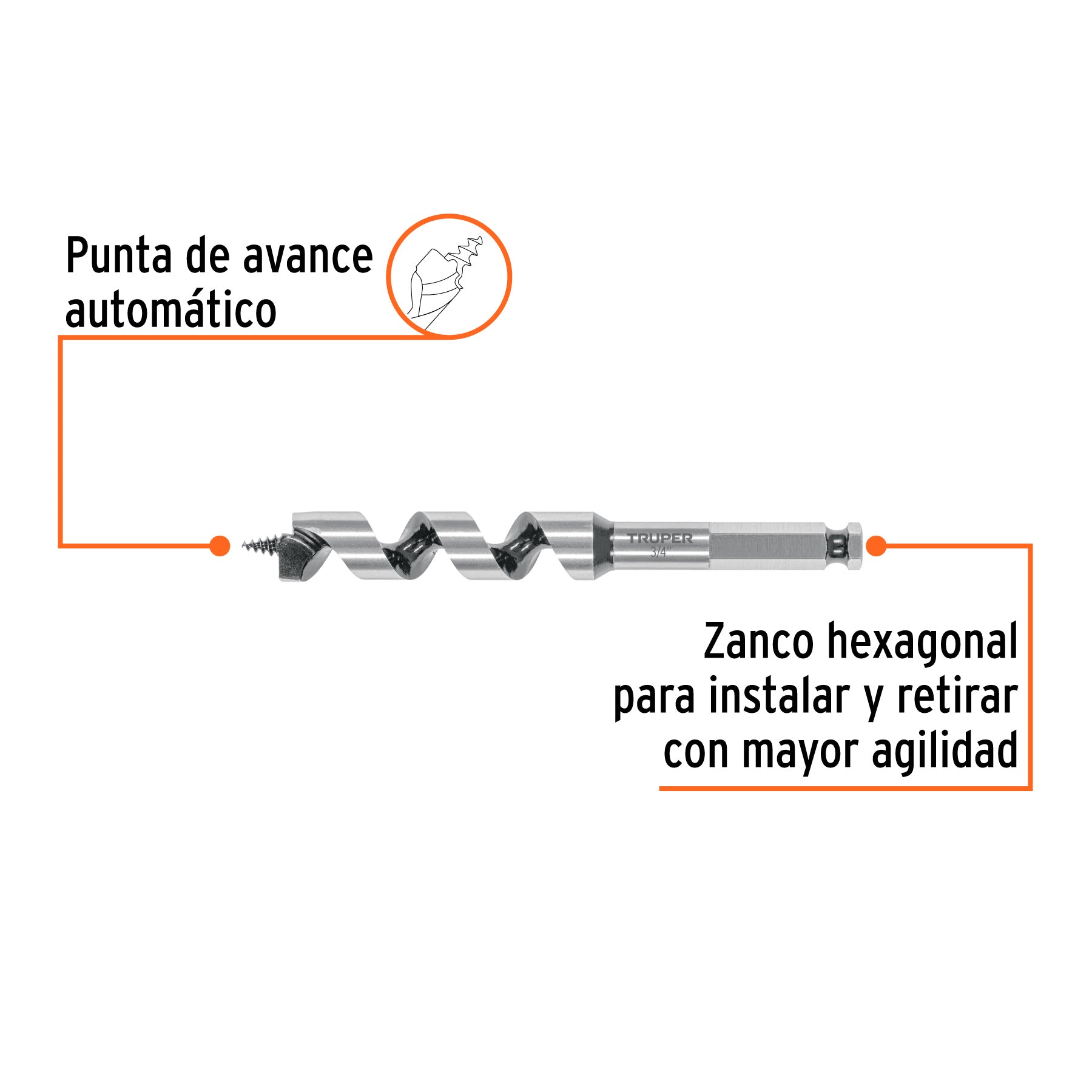 Broca auger tipo berbiquí 3/4" X 6", TRUPER
