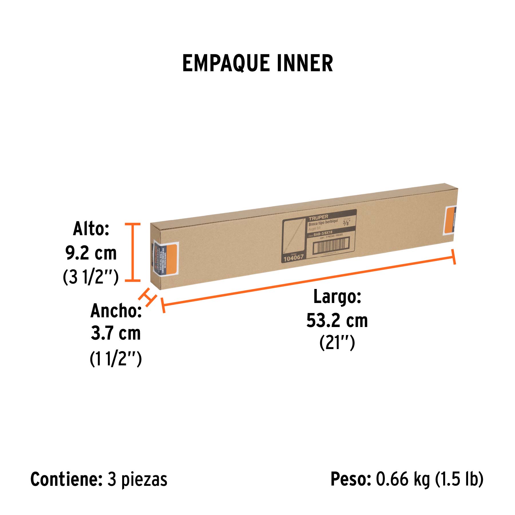 Broca auger tipo berbiquí 3/8" X 18", TRUPER - Empaque