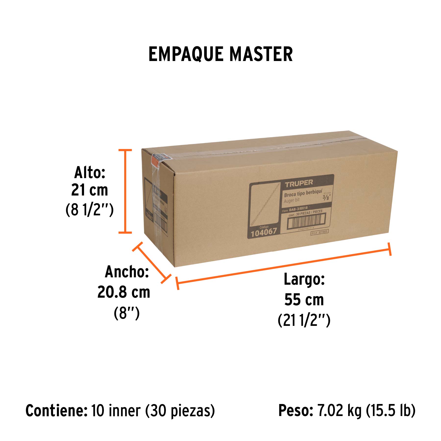 Broca auger tipo berbiquí 3/8" X 18", TRUPER - Empaque