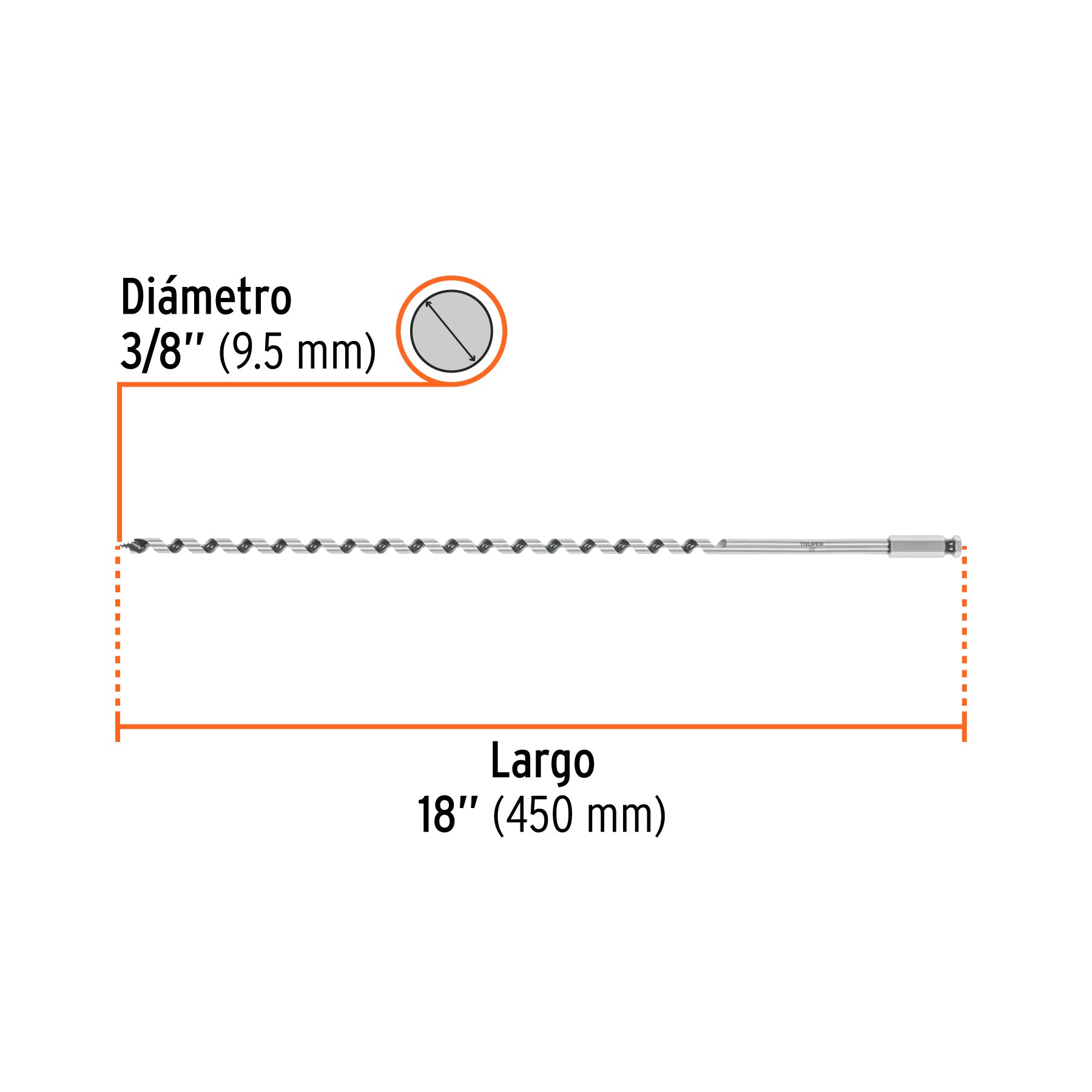Broca auger tipo berbiquí 3/8" X 18", TRUPER