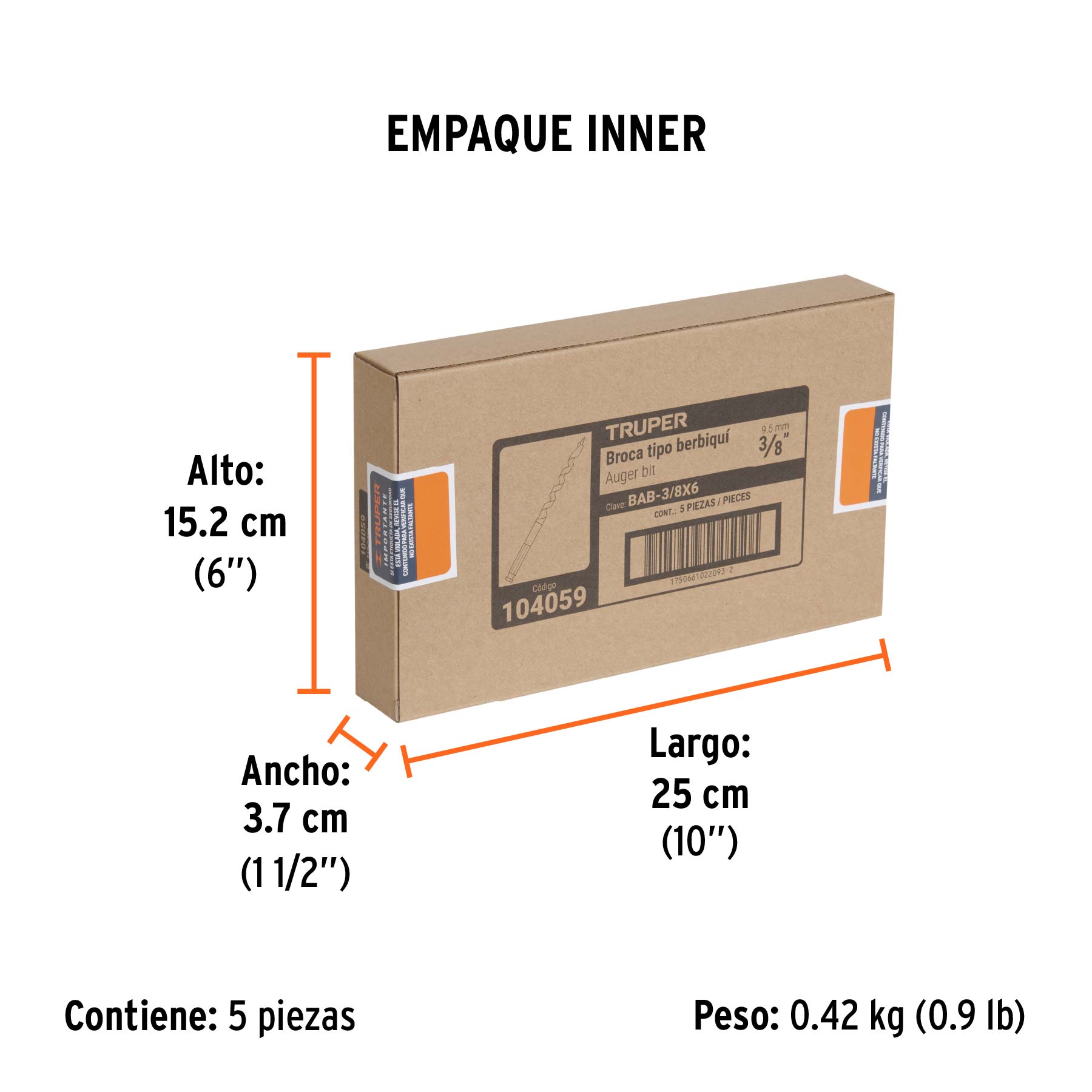 Broca auger tipo berbiquí 3/8" X 6", TRUPER - Empaque