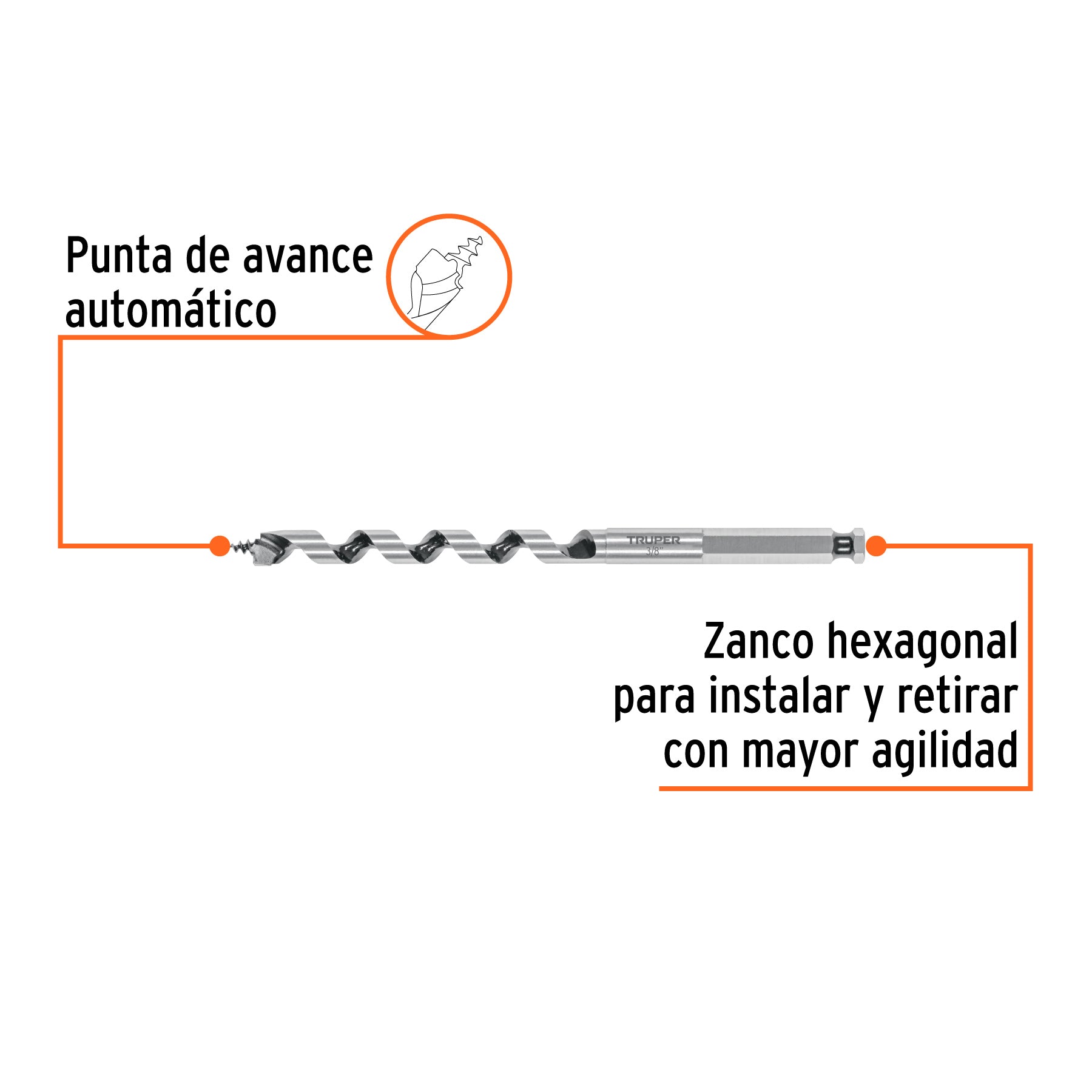 Broca auger tipo berbiquí 3/8" X 6", TRUPER