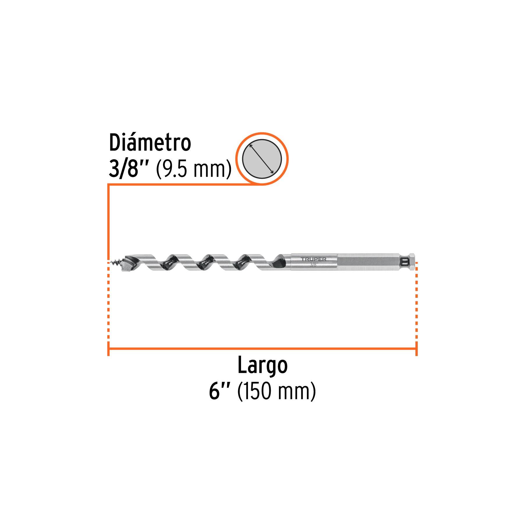 Broca auger tipo berbiquí 3/8" X 6", TRUPER