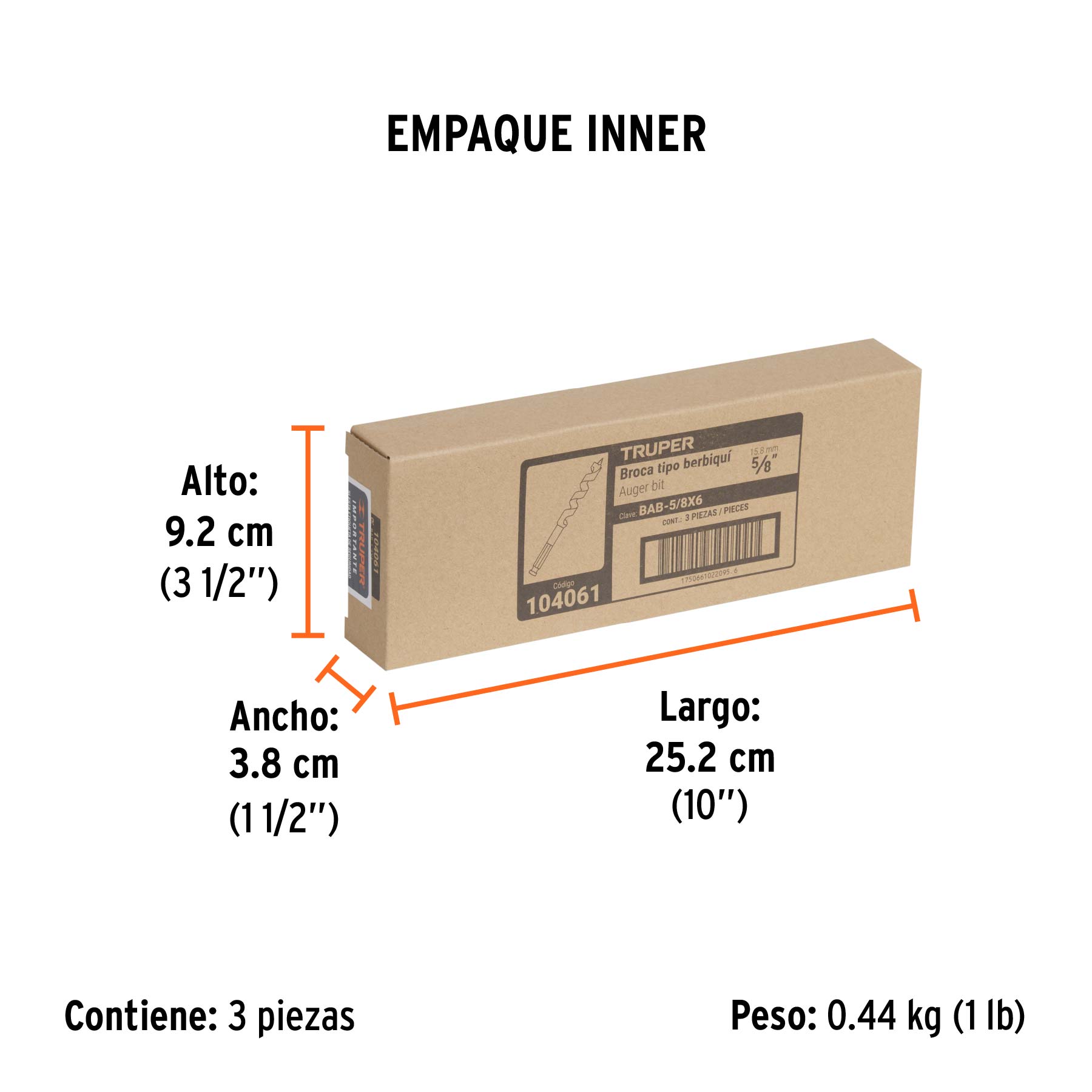 Broca auger tipo berbiquí 5/8" X 6", TRUPER - Empaque