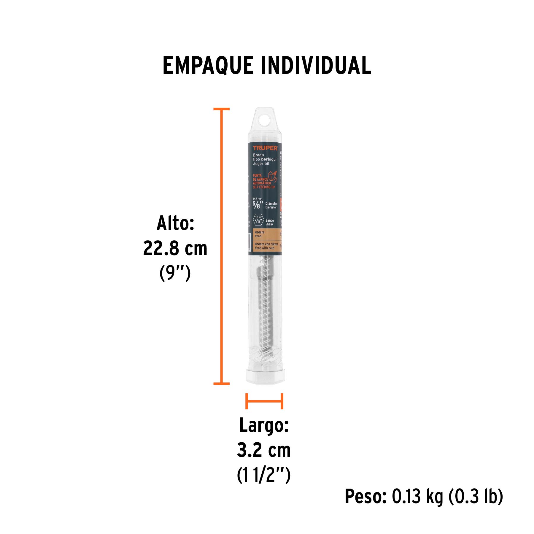 Broca auger tipo berbiquí 5/8" X 6", TRUPER - Empaque