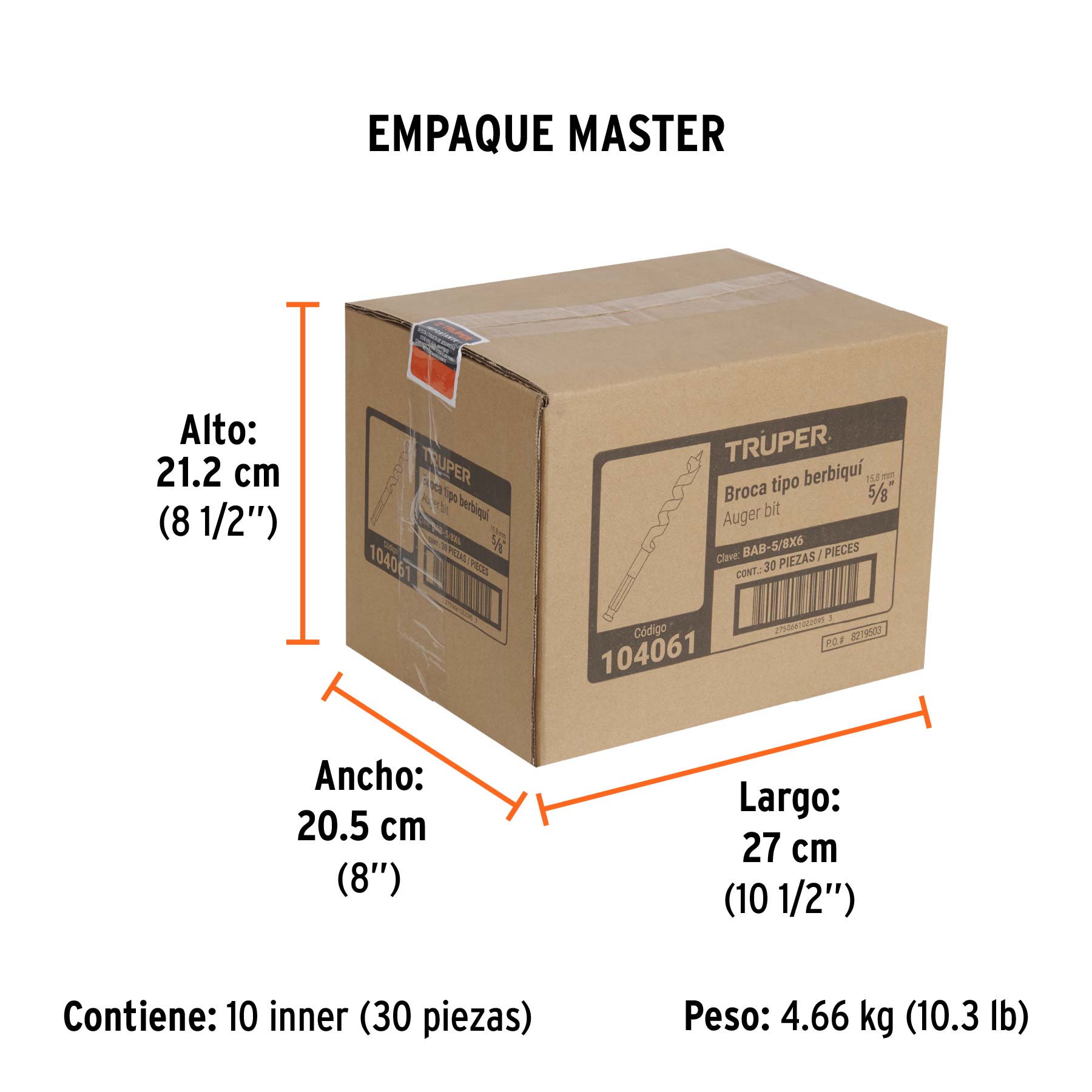 Broca auger tipo berbiquí 5/8" X 6", TRUPER - Empaque