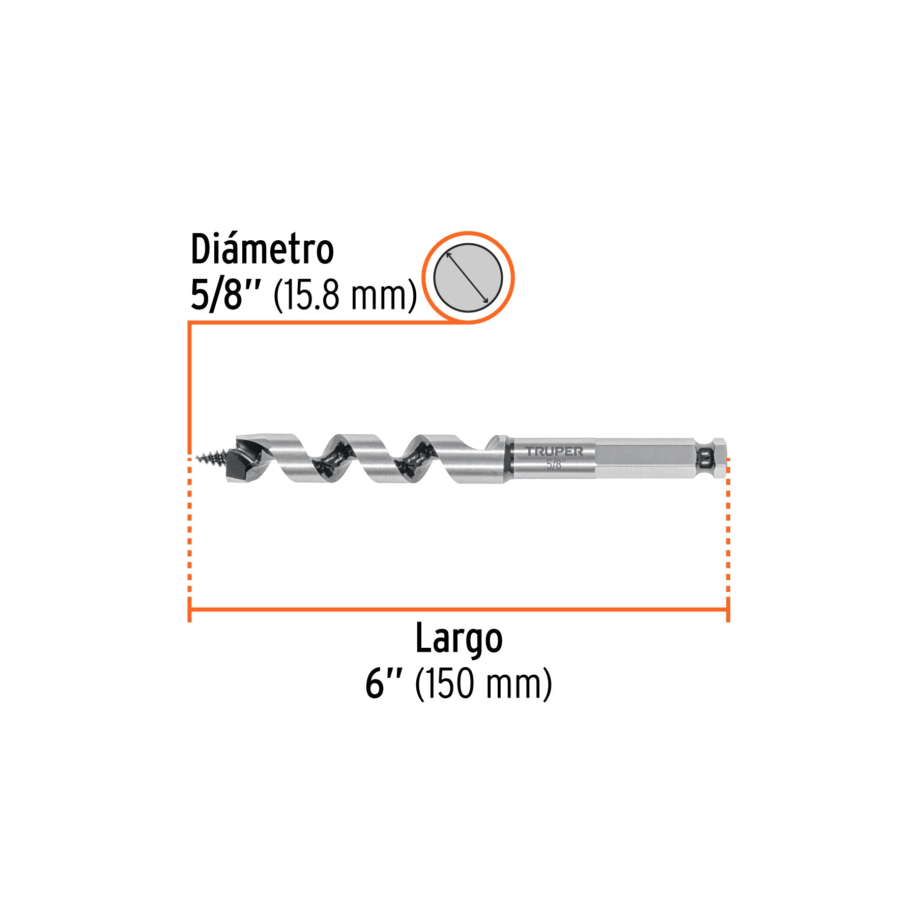 Broca auger tipo berbiquí 5/8" X 6", TRUPER