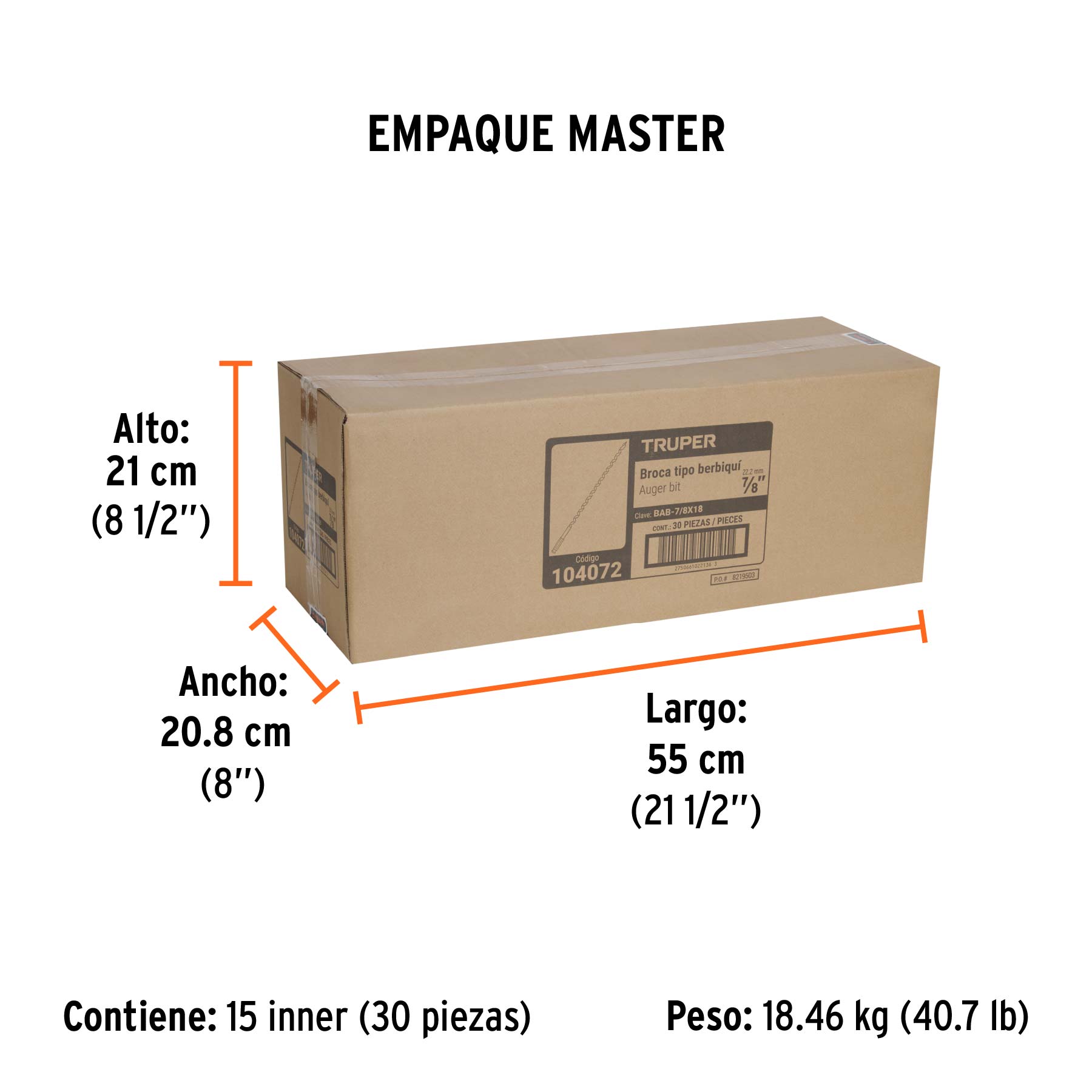 Broca auger tipo berbiquí 7/8" X 18", TRUPER - Empaque