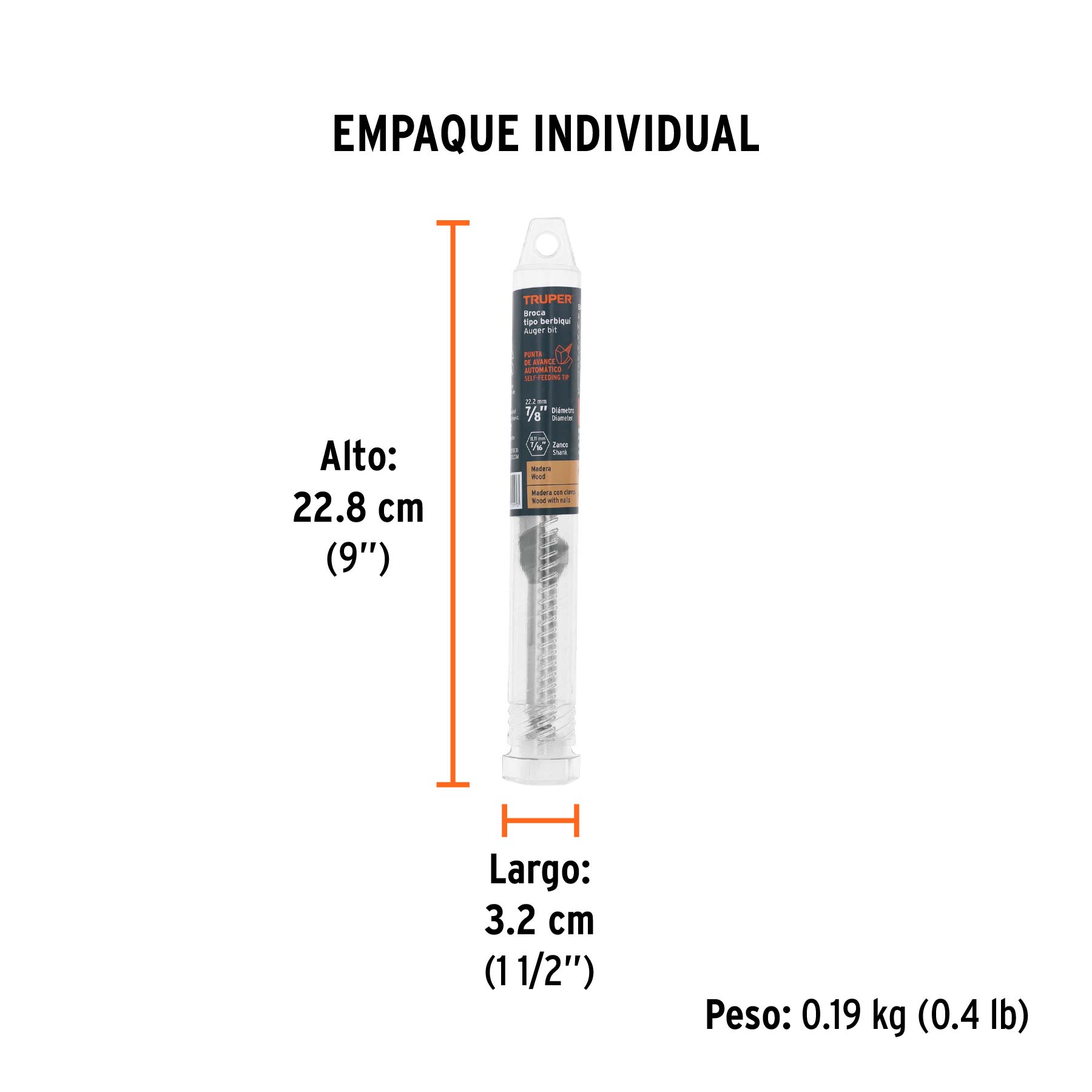 Broca auger tipo berbiquí 7/8" X 6", TRUPER - Empaque