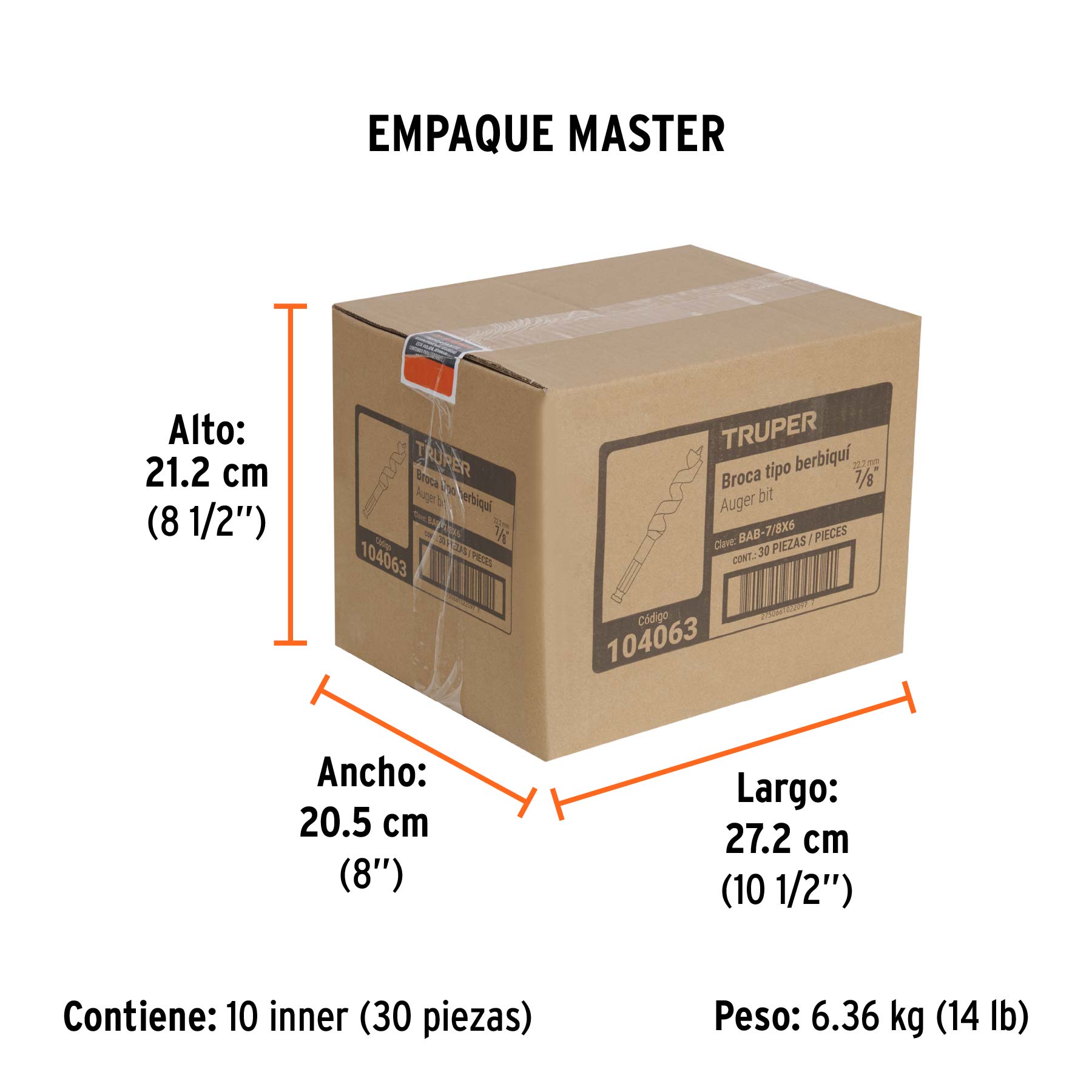 Broca auger tipo berbiquí 7/8" X 6", TRUPER - Empaque