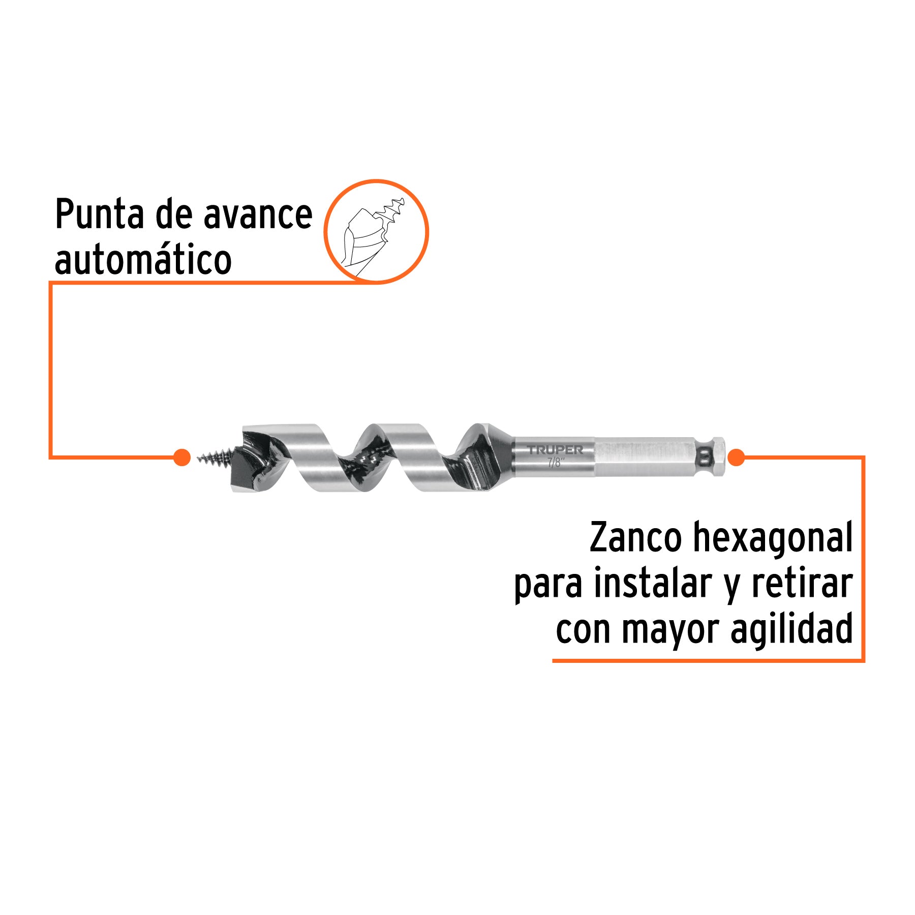 Broca auger tipo berbiquí 7/8" X 6", TRUPER
