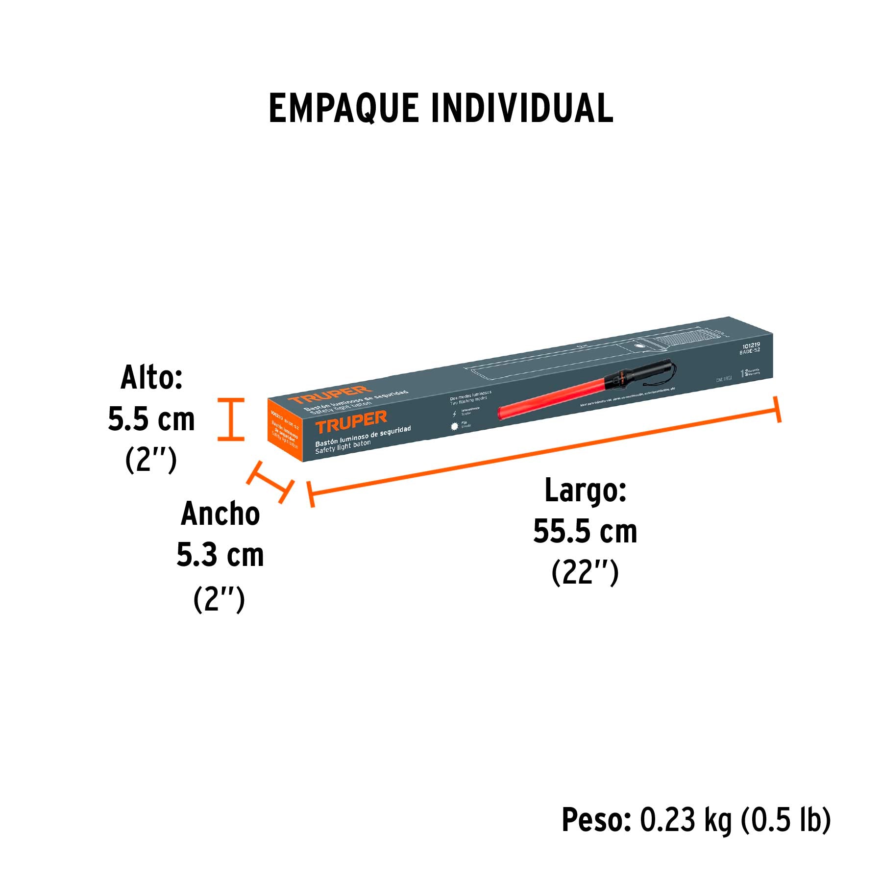 Bastón luminoso de 53 cm con luz LED y clip para cinturón - Empaque