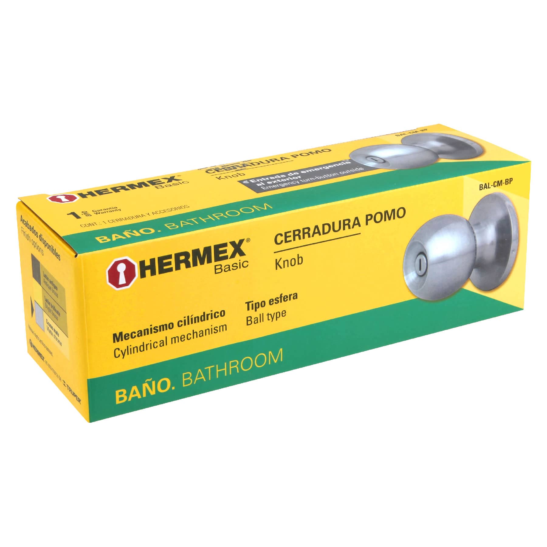 Cerradura tipo esfera, cilíndrico, baño, cromo, HERMEX BASIC