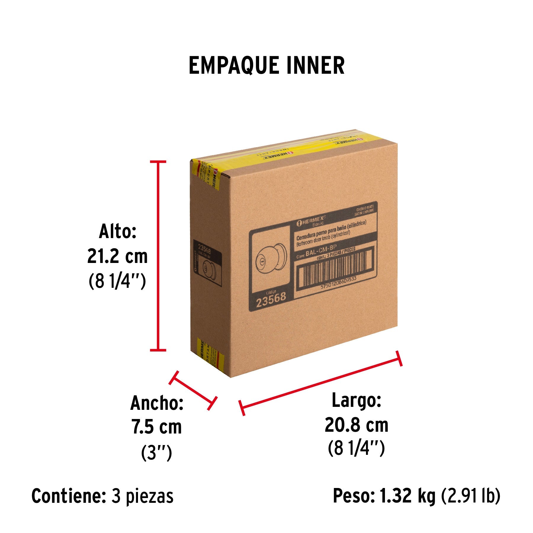 Cerradura tipo esfera, cilíndrico, baño, cromo, HERMEX BASIC - Empaque