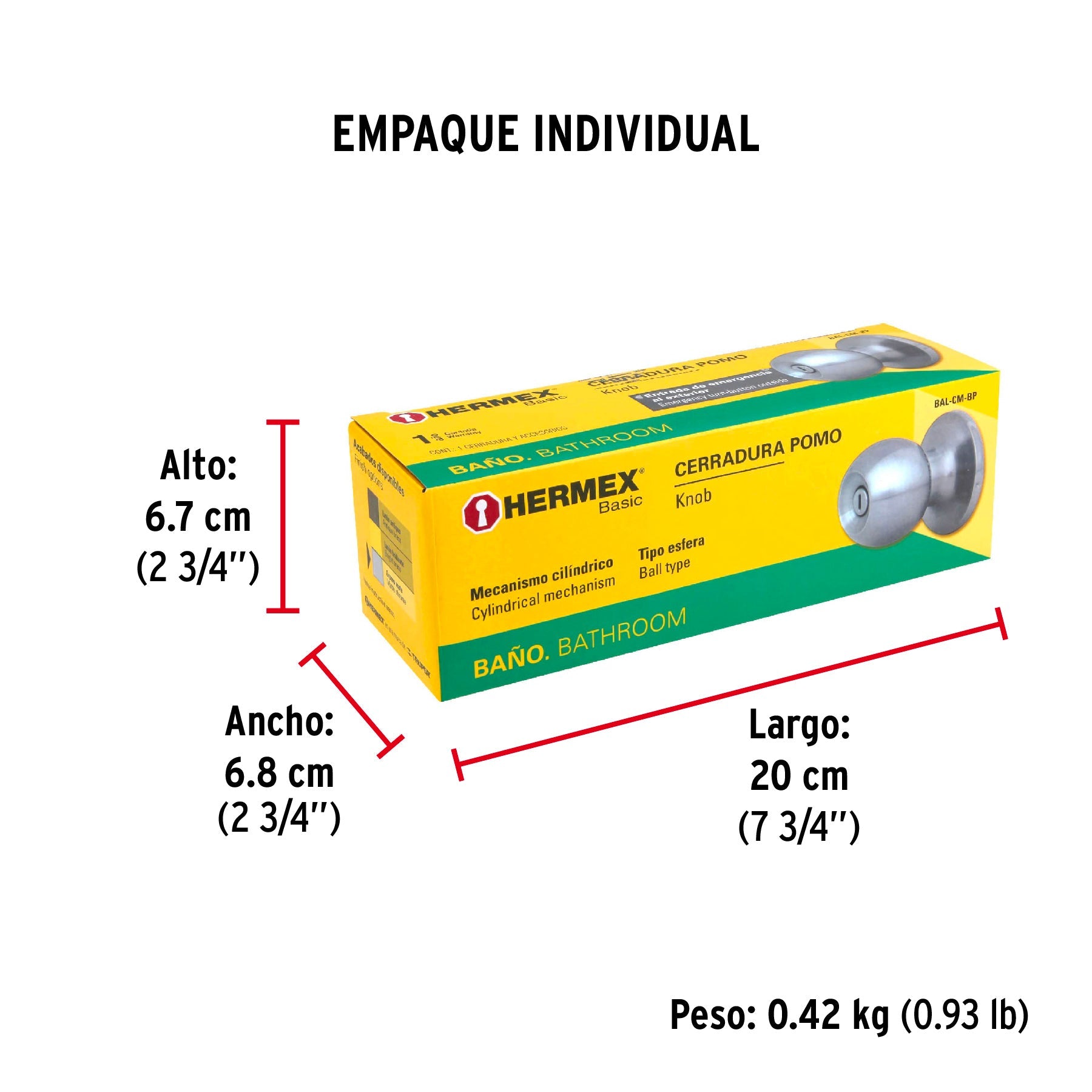 Cerradura tipo esfera, cilíndrico, baño, cromo, HERMEX BASIC - Empaque