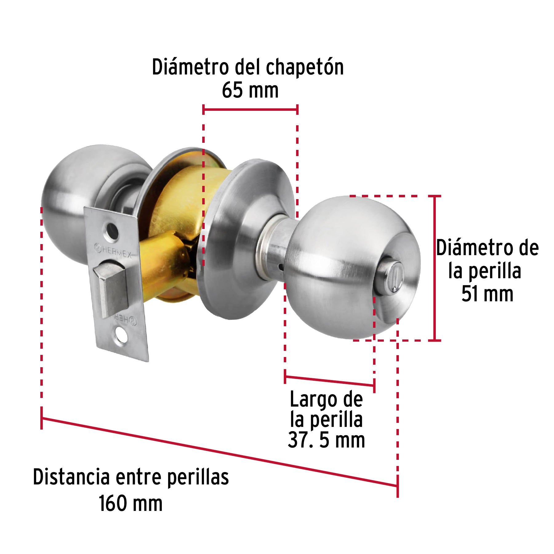 Cerradura tipo esfera, cilíndrico, baño, cromo, HERMEX BASIC