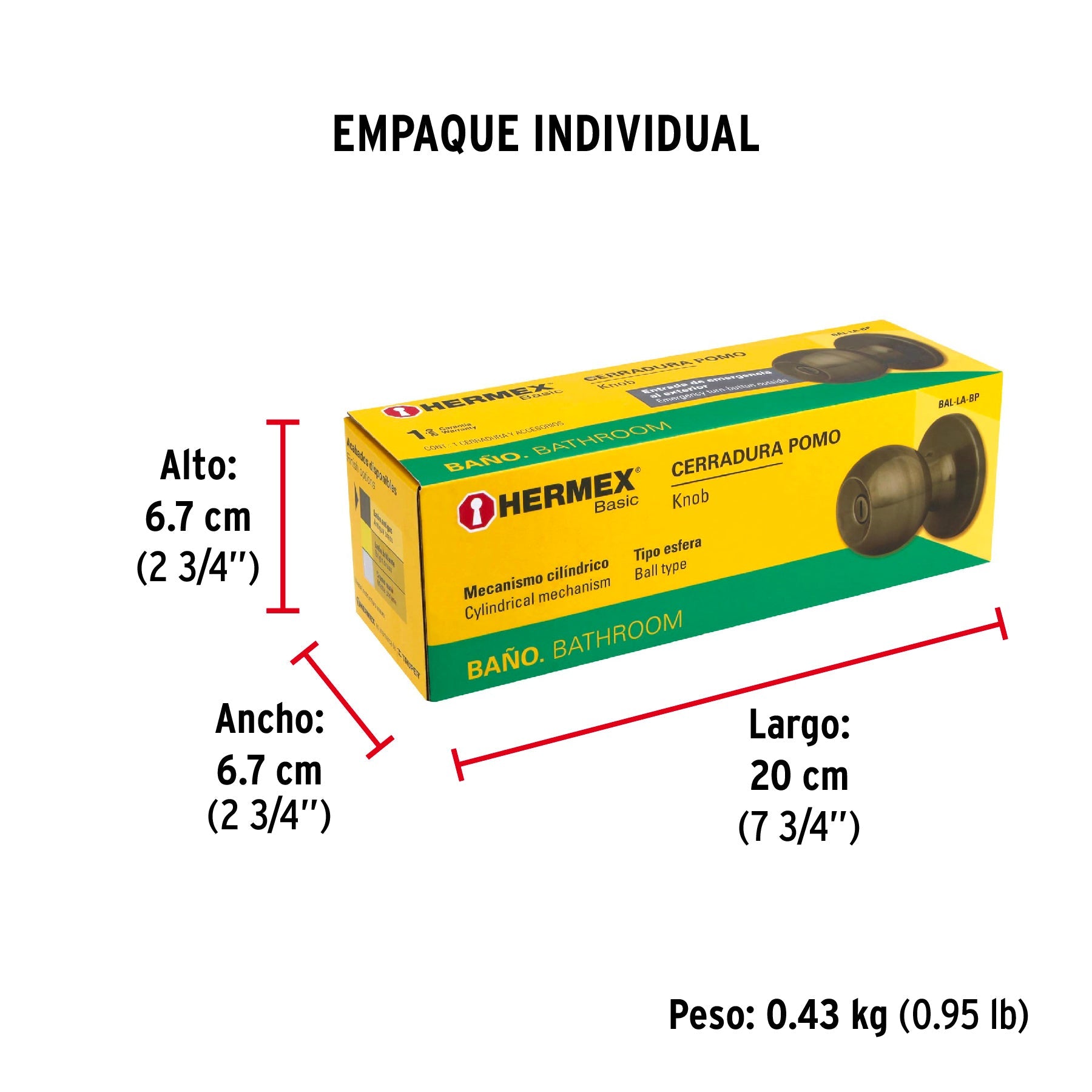 Cerradura tipo esfera, cilíndrico, baño, antiguo, BASIC - Empaque