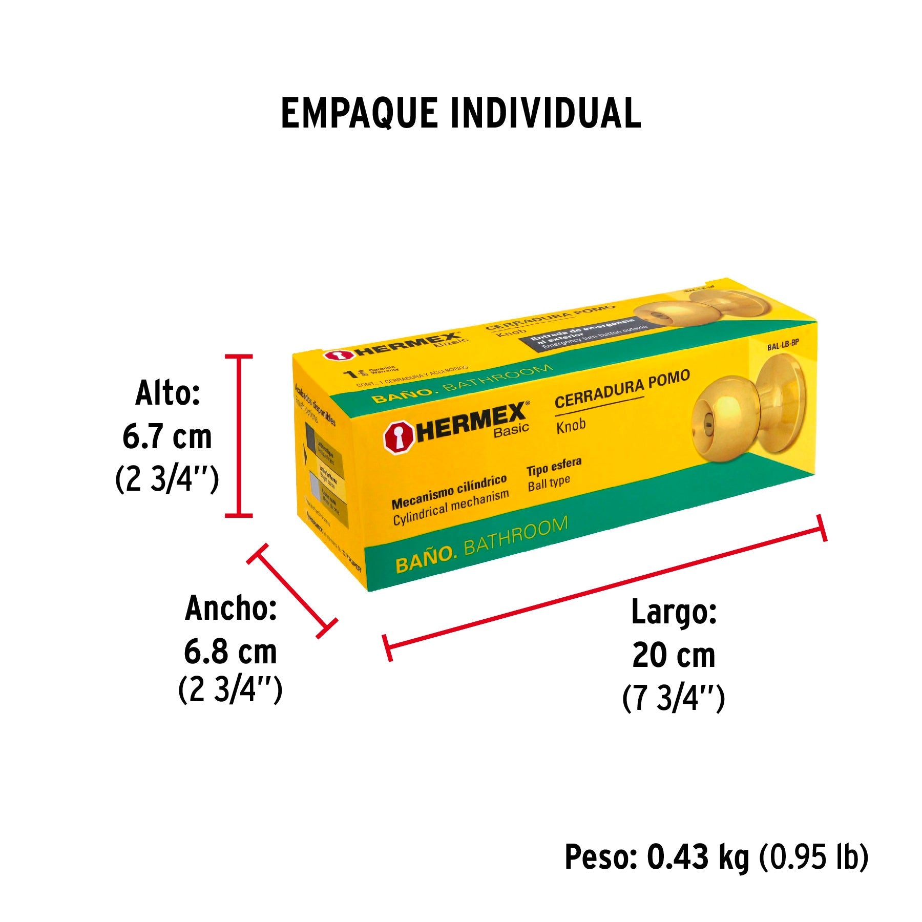 Cerradura tipo esfera, cilíndrico, baño, brillante, BASIC - Empaque