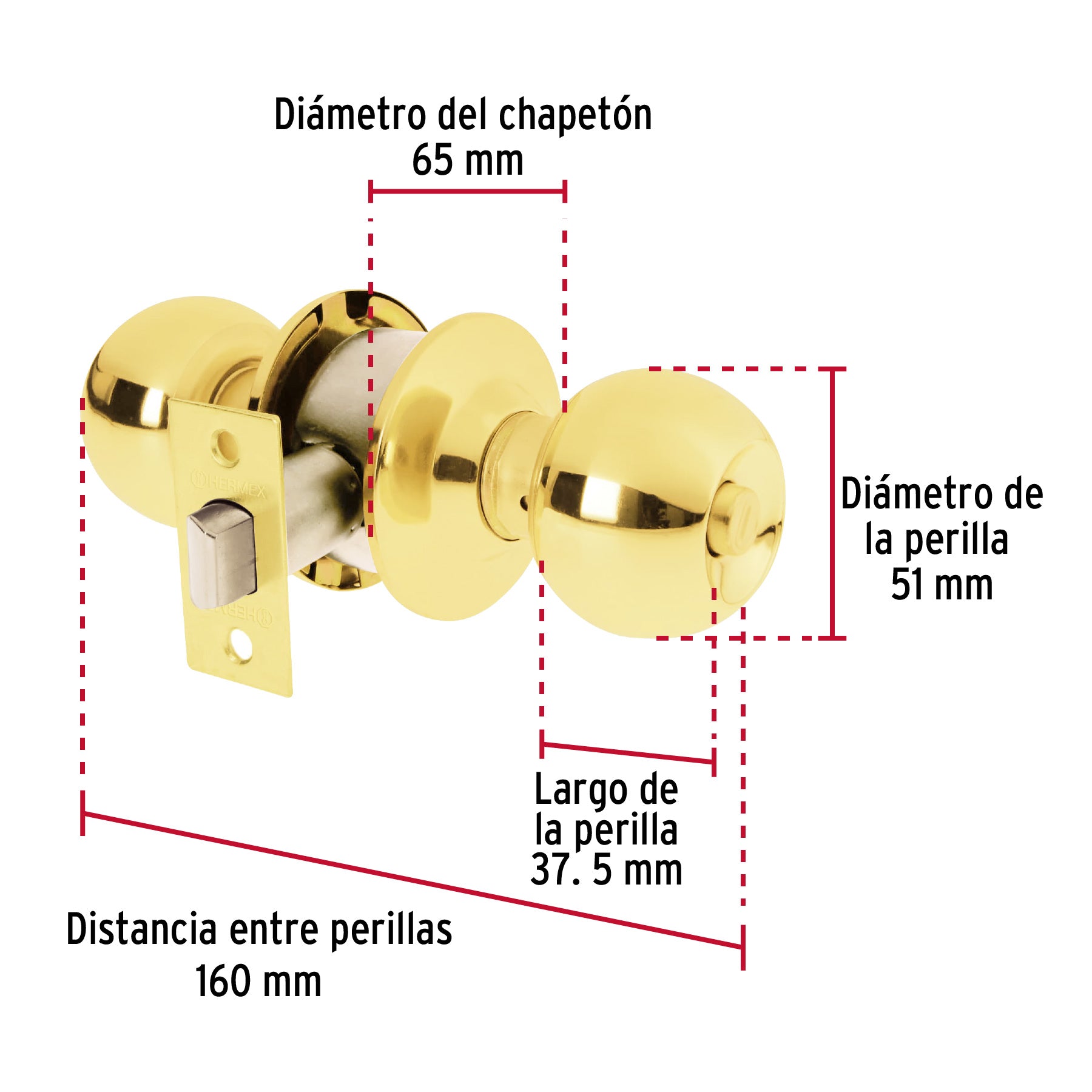 Cerradura tipo esfera, cilíndrico, baño, brillante, BASIC