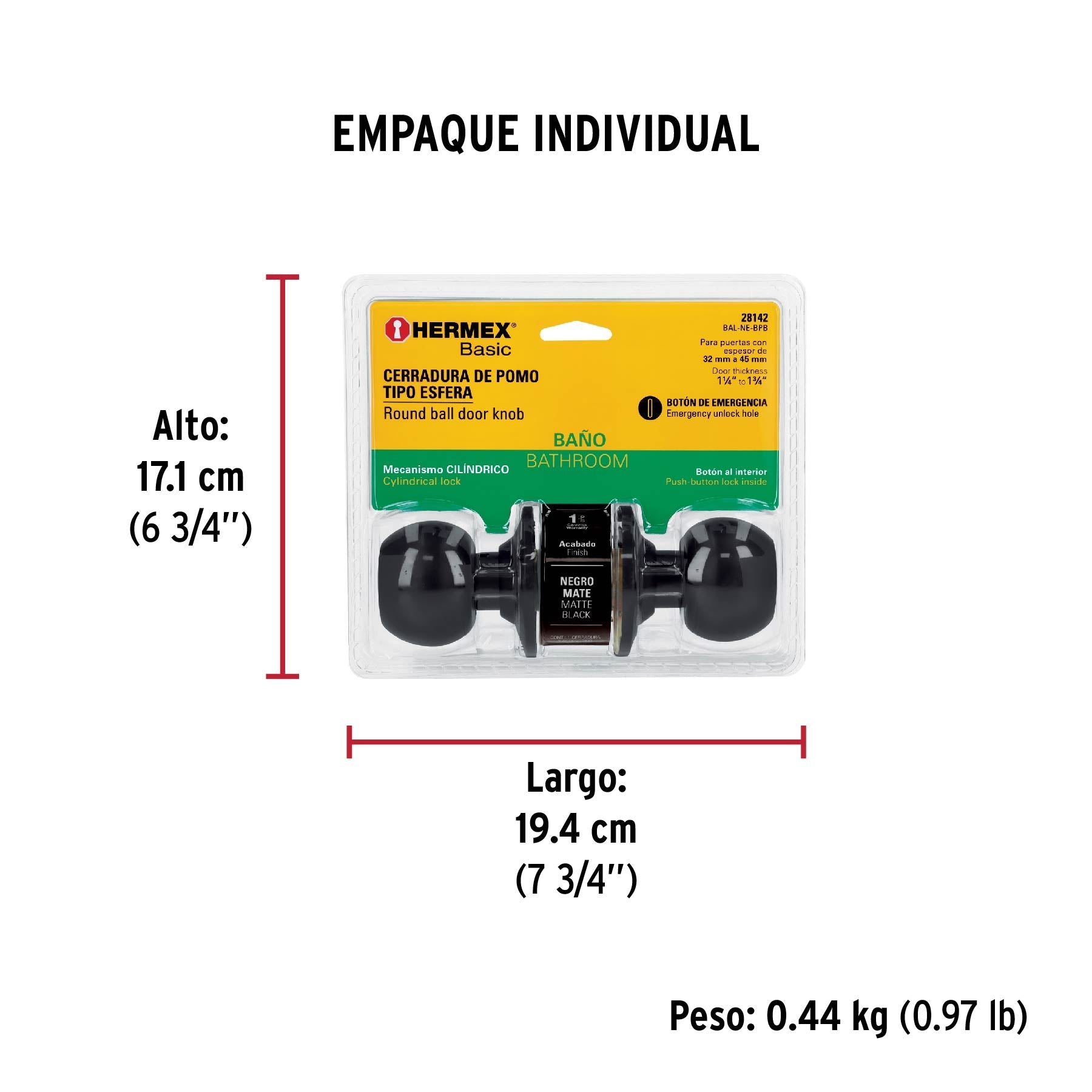 Cerradura esfera, cil, baño, negro, blíster, BASIC - Empaque