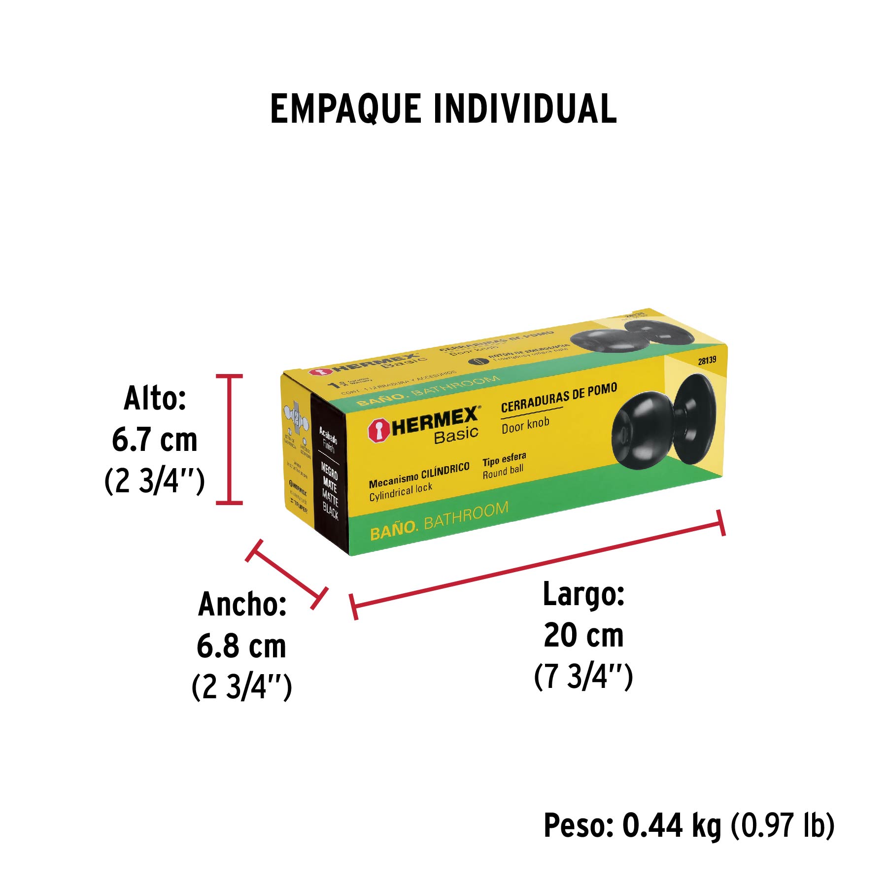 Cerradura tipo esfera, cilíndrico, baño, negro, BASIC - Empaque