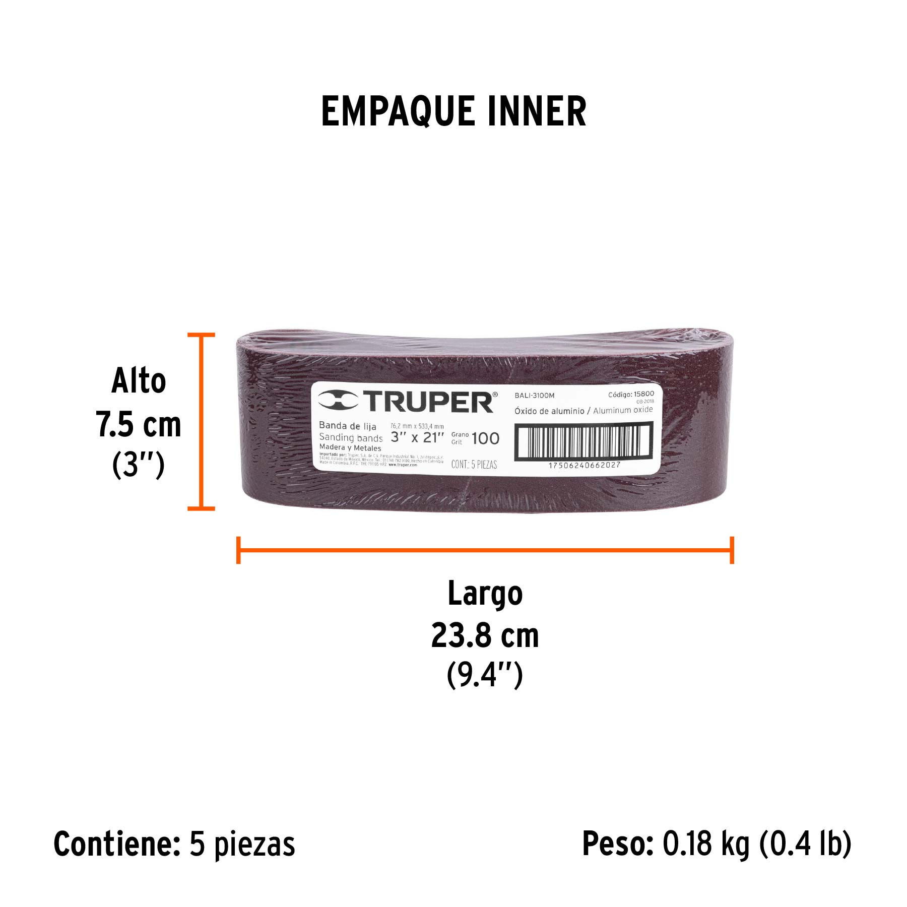 1 banda de lija 3 x 21" óxido de aluminio grano 100, 5 pzs - Empaque