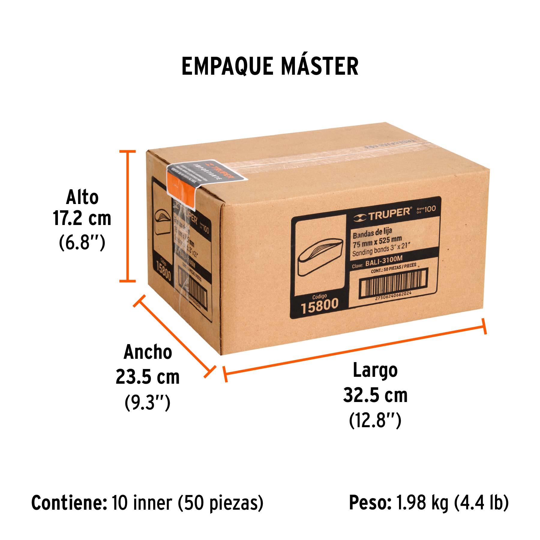 1 banda de lija 3 x 21" óxido de aluminio grano 100, 5 pzs - Empaque