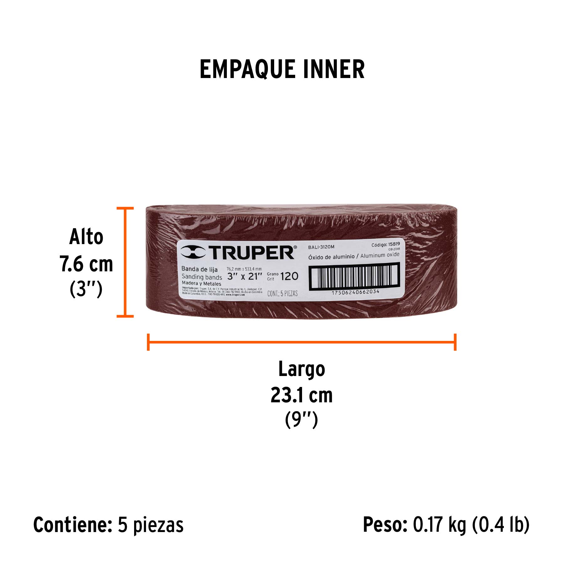 1 banda de lija 3 x 21" óxido de aluminio grano 120, 5 pzs - Empaque