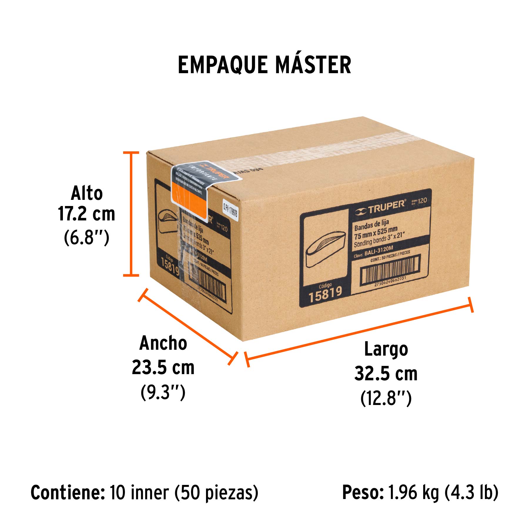 1 banda de lija 3 x 21" óxido de aluminio grano 120, 5 pzs - Empaque