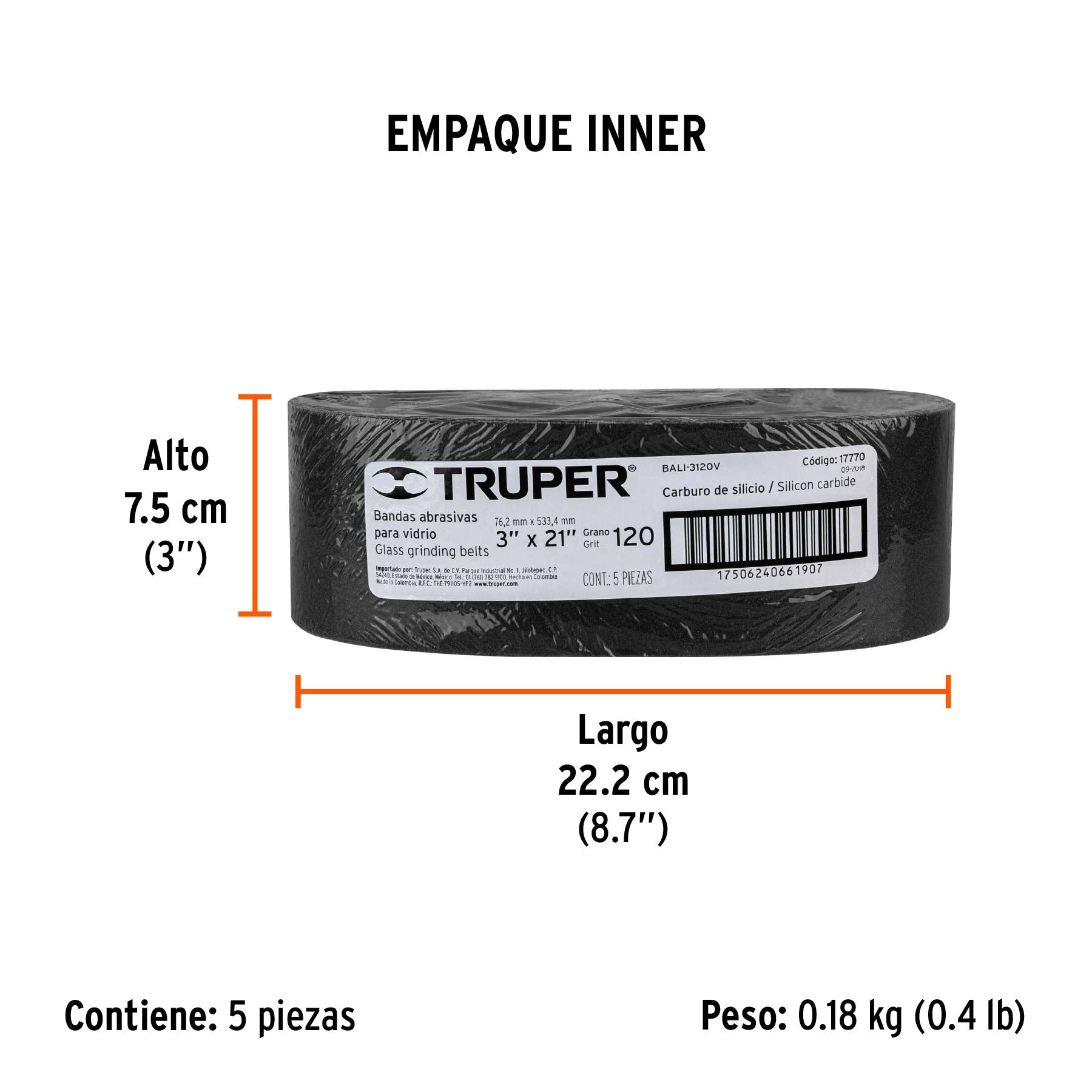 1 banda de lija 3 x 21", carburo de silicio grano 120, 5 pzs - Empaque