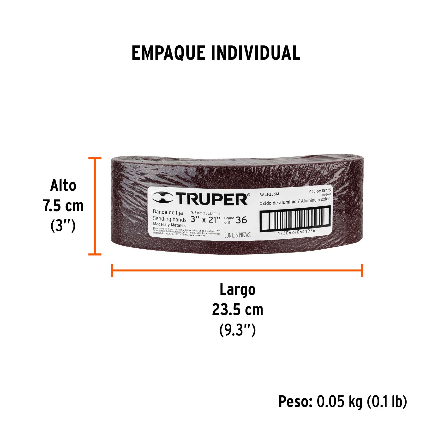 1 banda de lija 3 x 21" óxido de aluminio grano 36, 5 pzs - Empaque