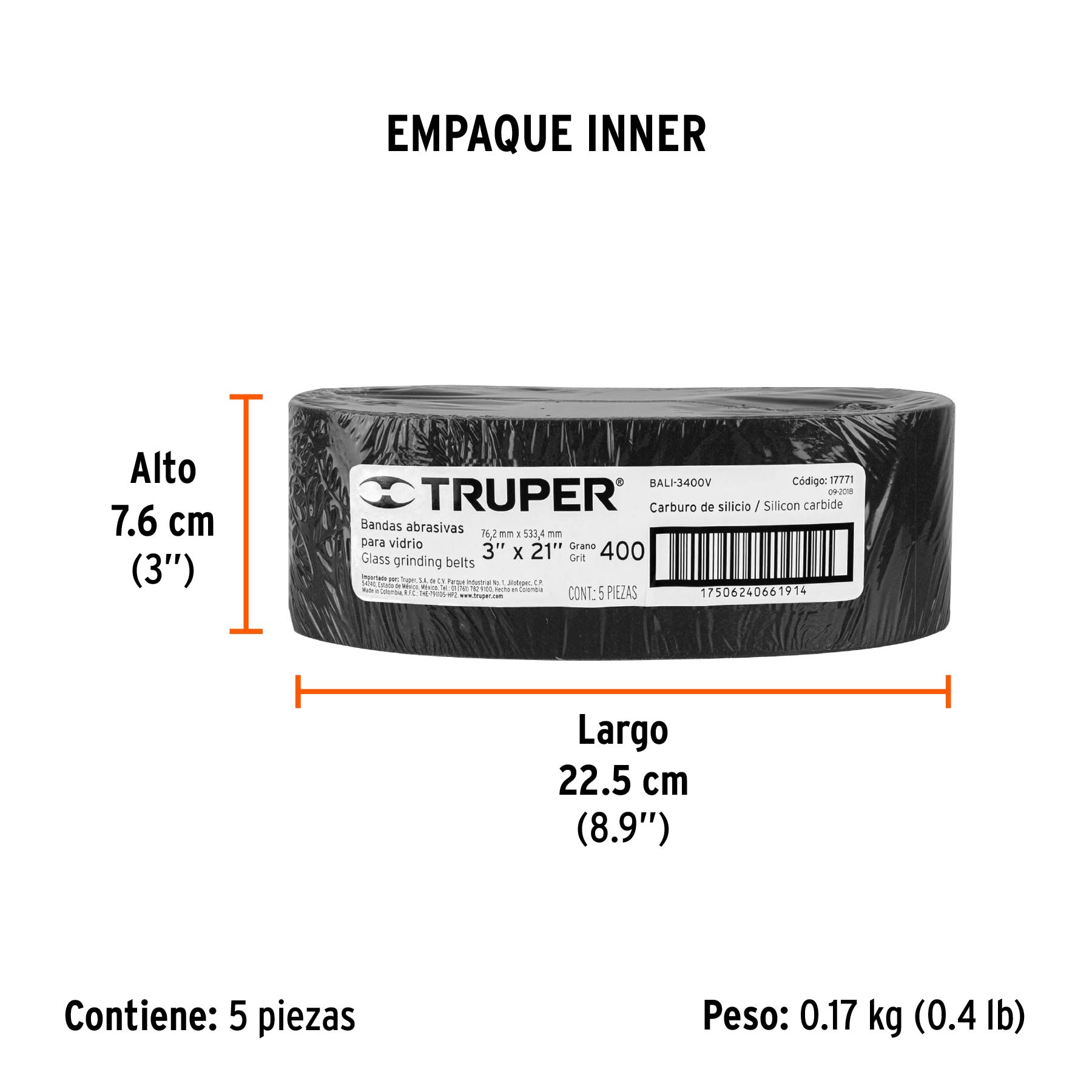 1 banda de lija 3 x 21", carburo de silicio grano 400, 5 pzs - Empaque