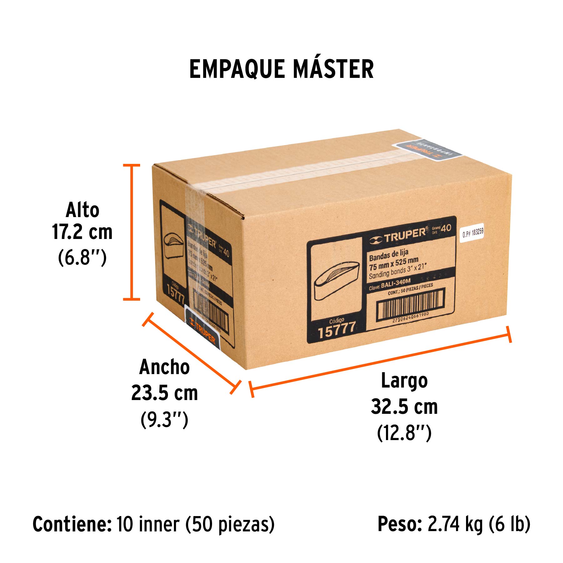 1 banda de lija 3 x 21" óxido de aluminio grano 40, 5 pzs - Empaque