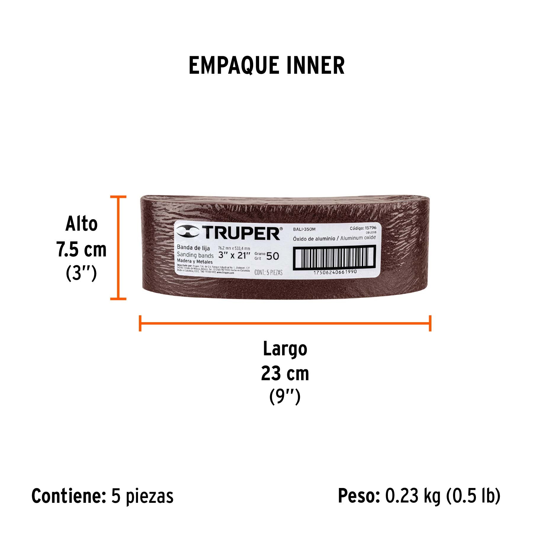 1 banda de lija 3 x 21" óxido de aluminio grano 50, 5 pzs - Empaque