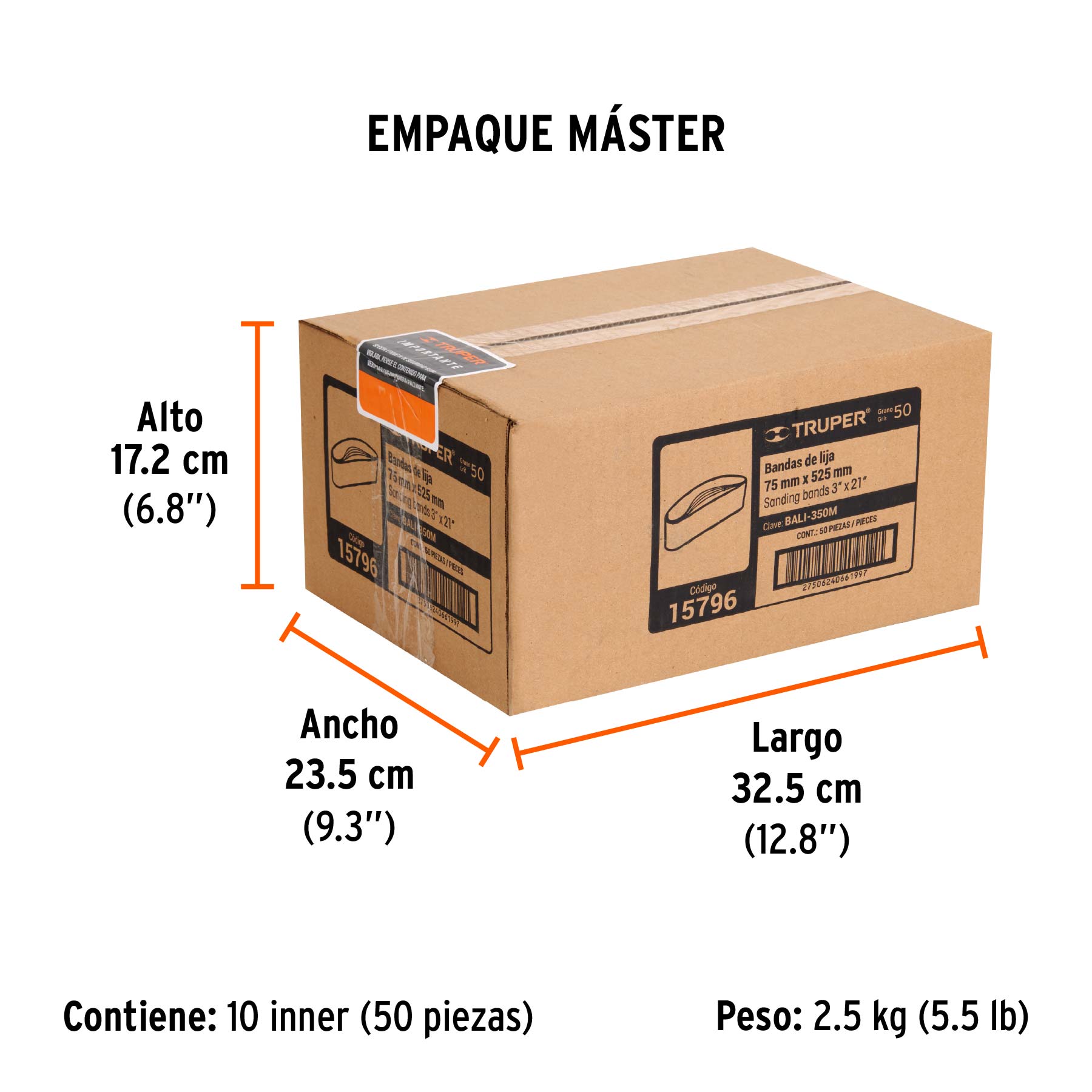 1 banda de lija 3 x 21" óxido de aluminio grano 50, 5 pzs - Empaque