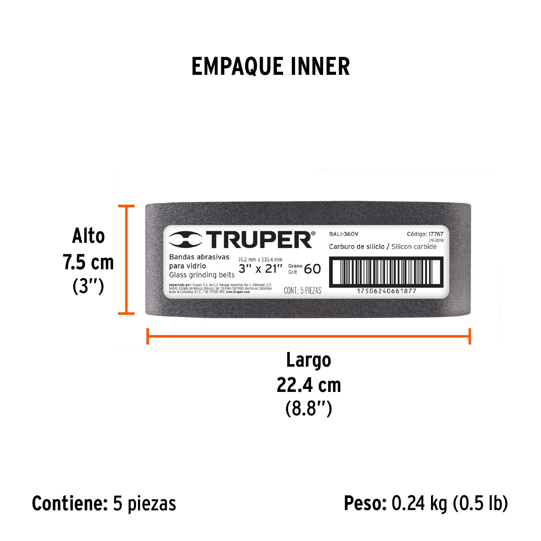 1 banda de lija 3 x 21", carburo de silicio grano 60, 5 pzs - Empaque