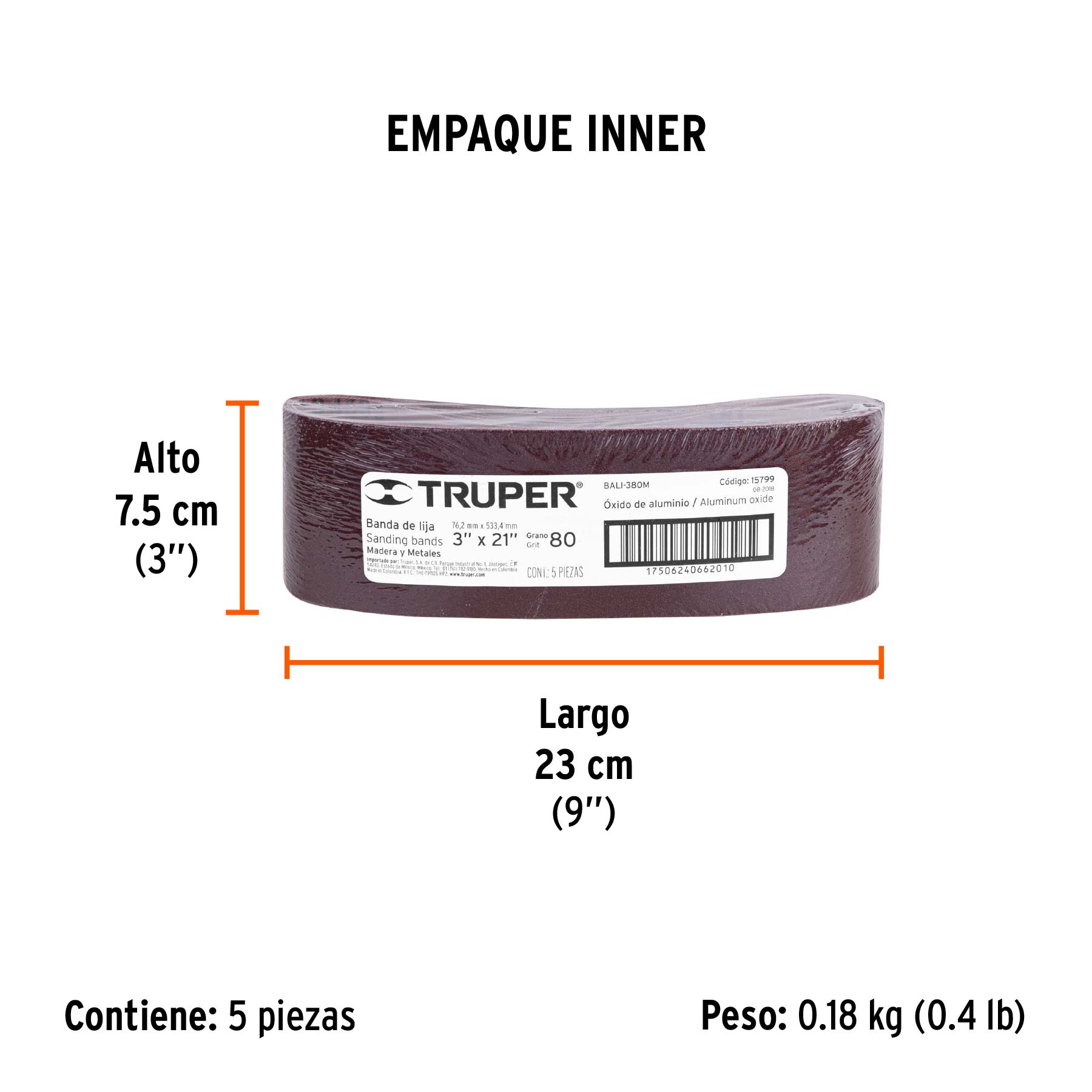 1 banda de lija 3 x 21" óxido de aluminio grano 80, 5 pzs - Empaque