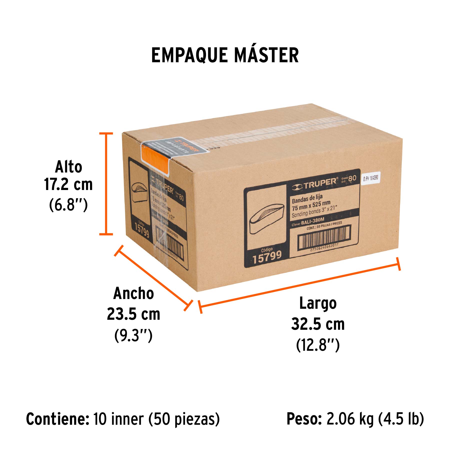 1 banda de lija 3 x 21" óxido de aluminio grano 80, 5 pzs - Empaque