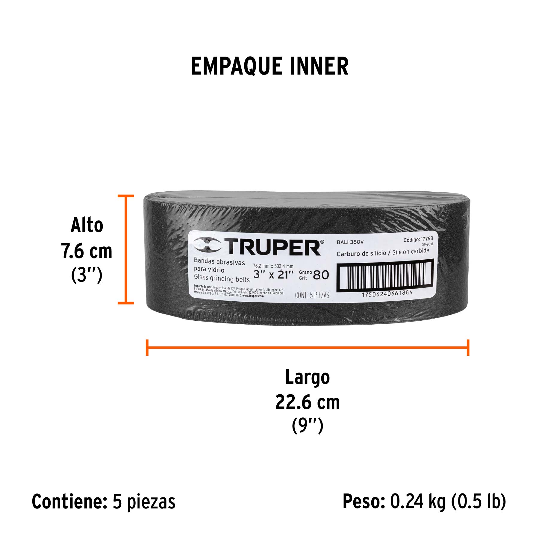 1 banda de lija 3 x 21", carburo de silicio grano 80, 5 pzs - Empaque
