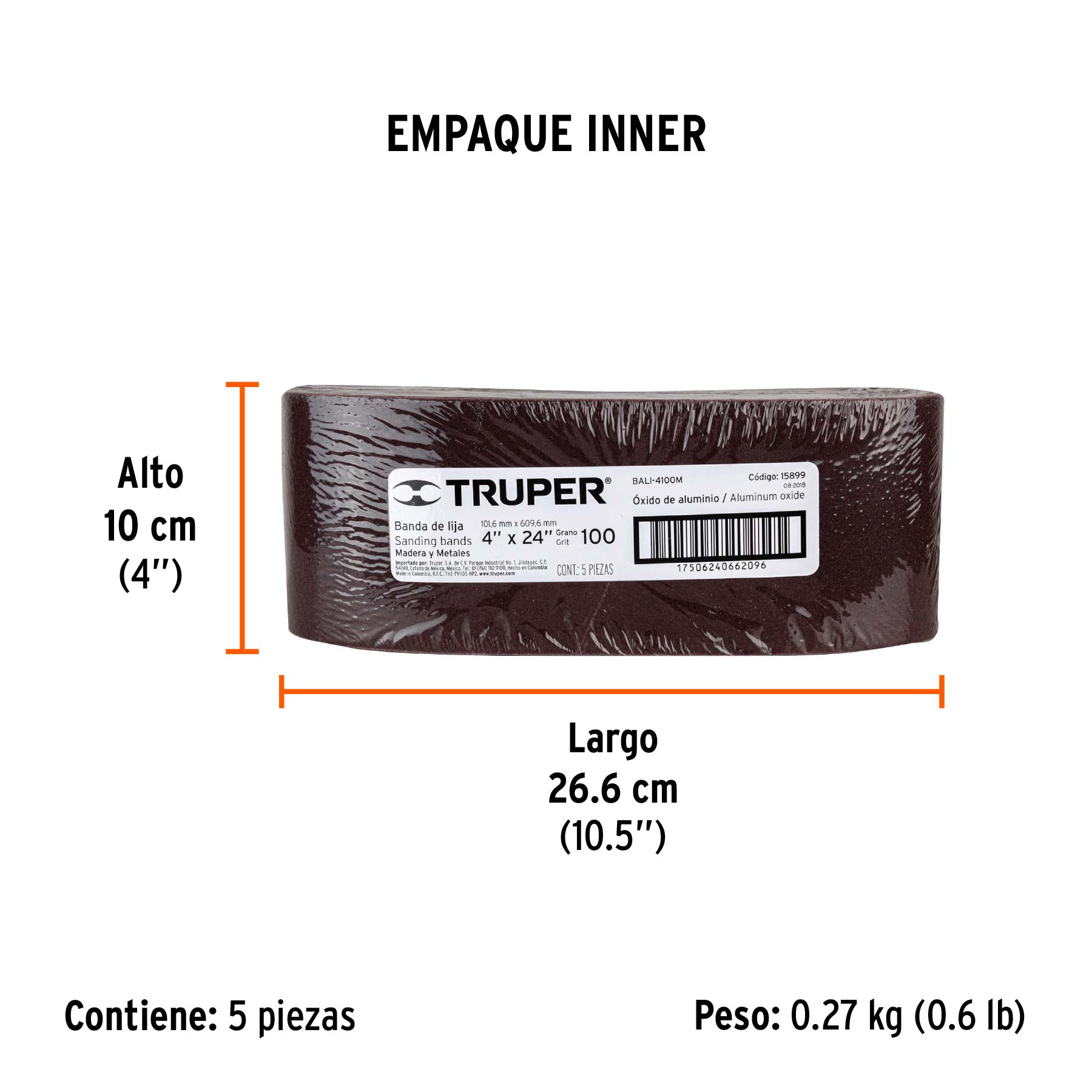 1 banda de lija 4 x 24" óxido de aluminio grano 100, 5 pzs - Empaque